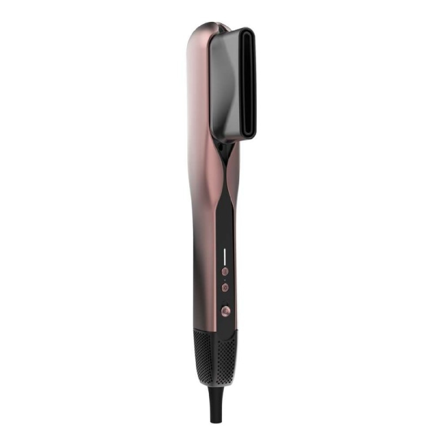 Una herramienta para peinar el cabello en oro rosa y negro con una boquilla y botones de control.