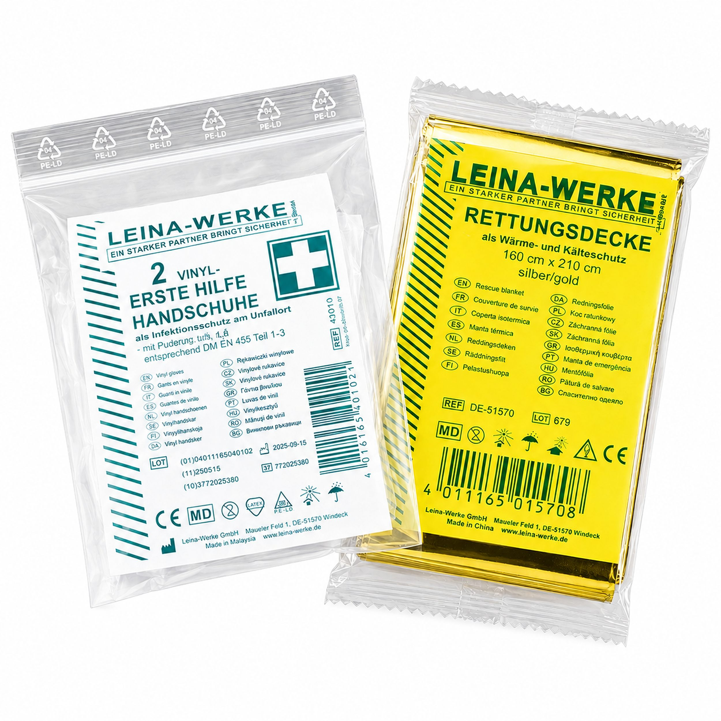Zwei Leina-Werke Erste-Hilfe-Produkte in Plastikverpackung: Vinylhandschuhe und eine Rettungsdecke.