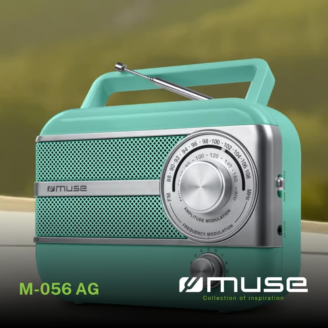 Ein mintgrünes Muse-Radio mit silbernem Lautsprechergitter, runder Skala, Antenne und dem Modellnamen M-056 AG.