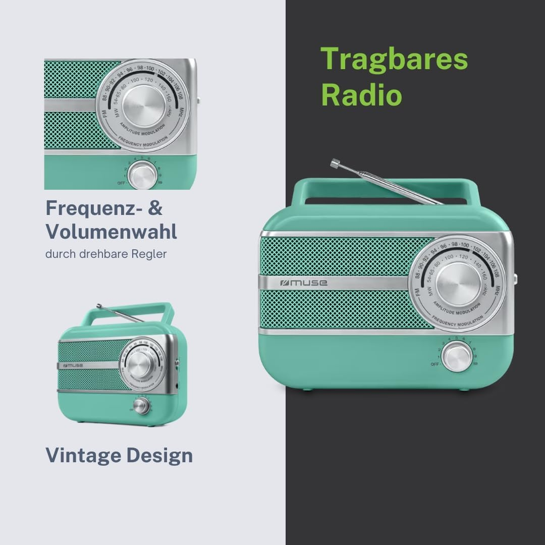 Grünes tragbares Vintage-Radio mit silbernem Lautsprecher und Drehreglern auf grauem Hintergrund mit Text.