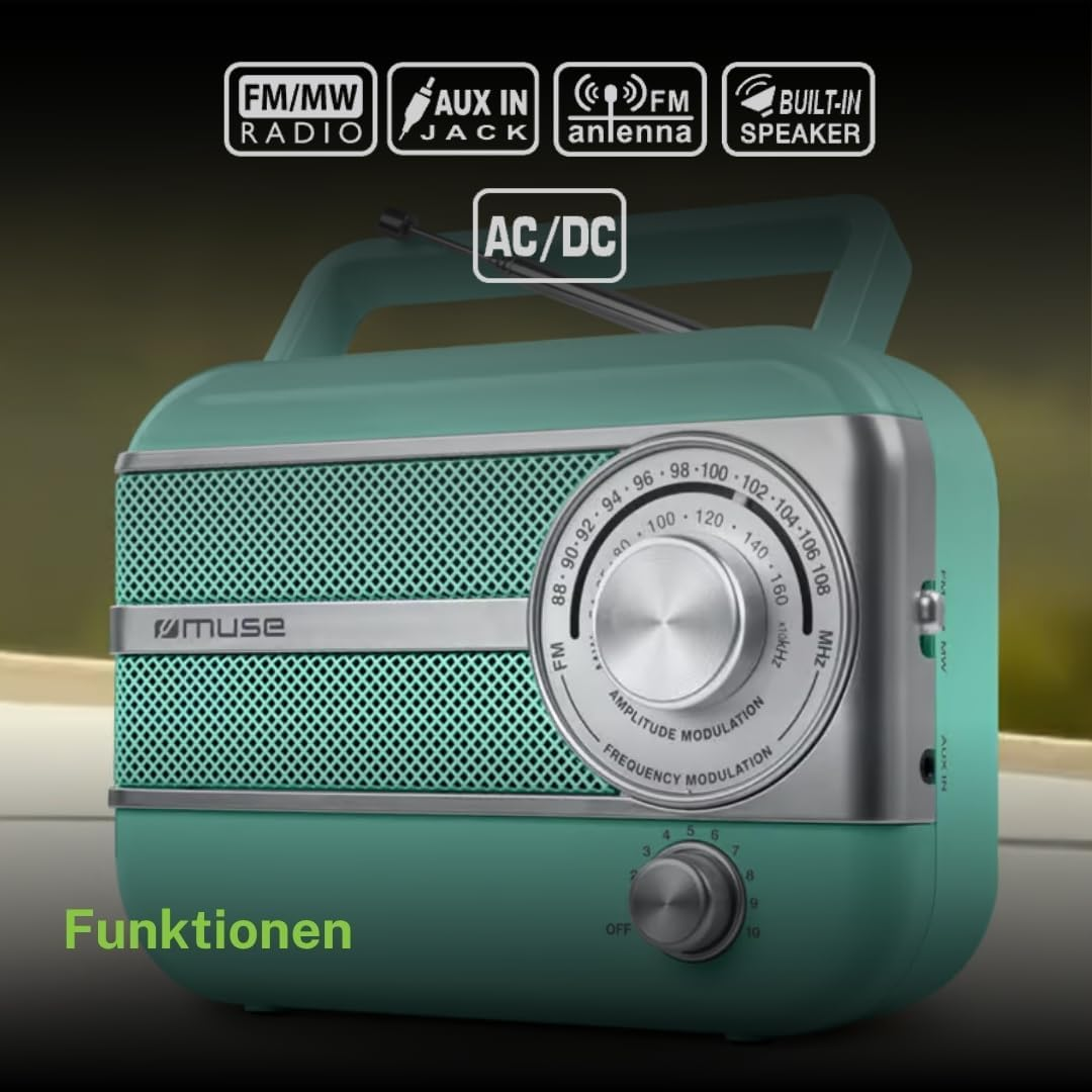 Türkisfarbenes Retro-Radio mit silbernem Bedienfeld, großem Senderwahlrad und verschiedenen Funktionssymbolen.