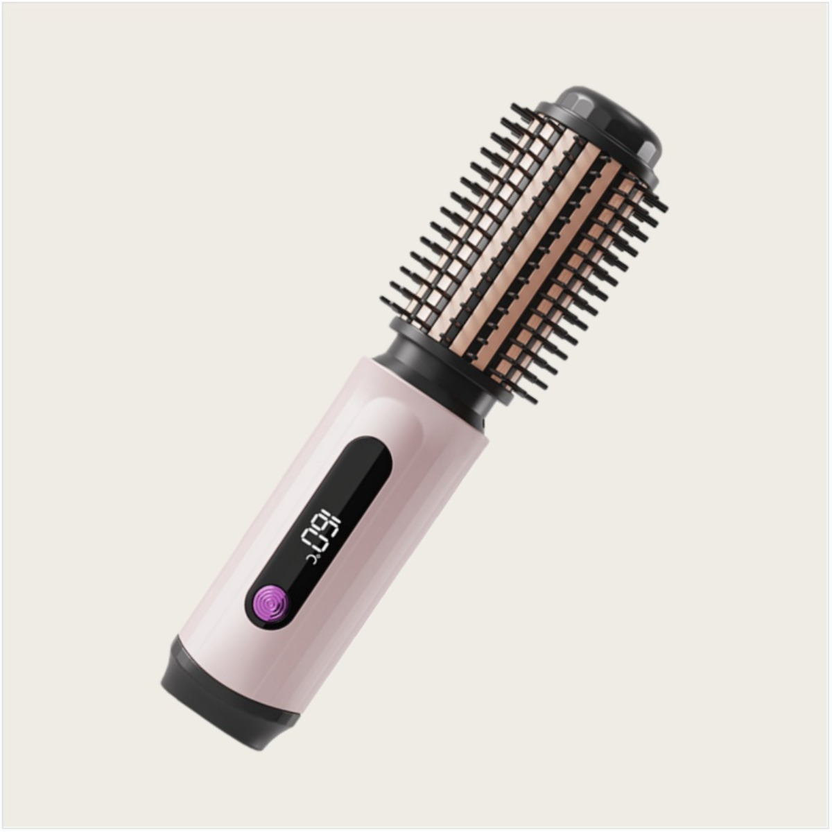 Rosa-schwarze Haarbürste mit LED-Anzeige und digitaler Temperaturregelung auf hellem Hintergrund.