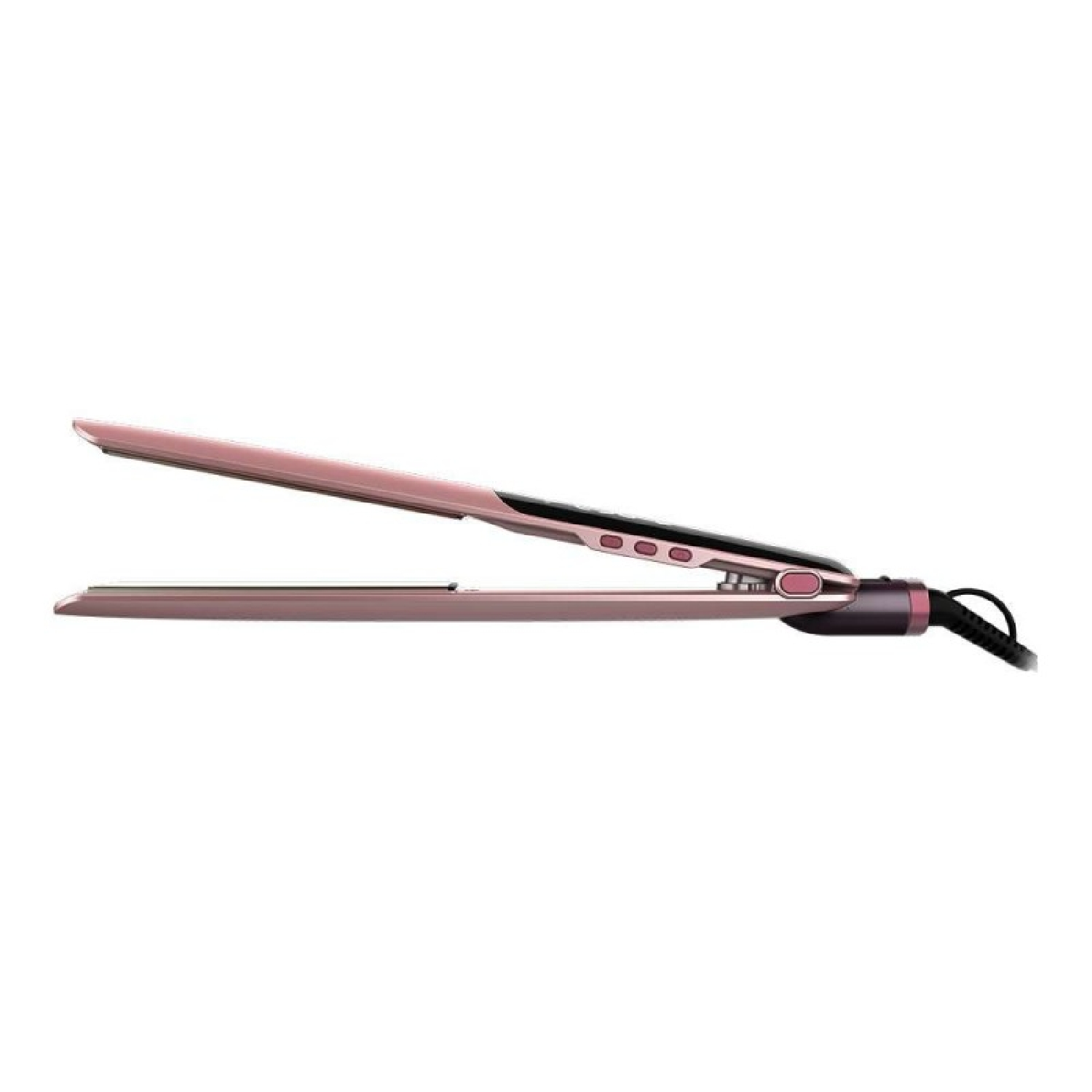 Una piastra per capelli rosa aperta su uno sfondo bianco.