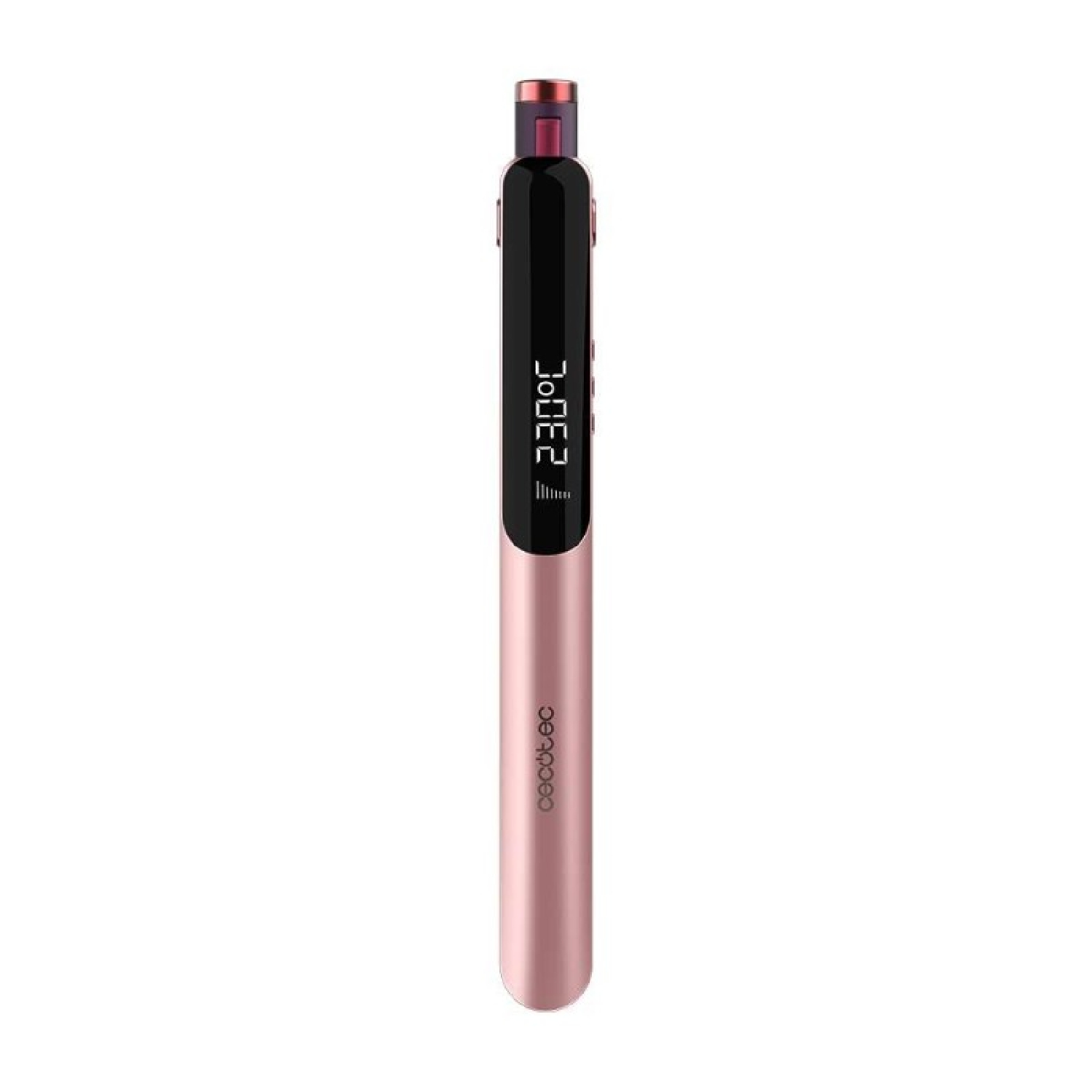 Una piastra per capelli color oro rosa con display LED digitale che mostra 230 gradi Celsius.