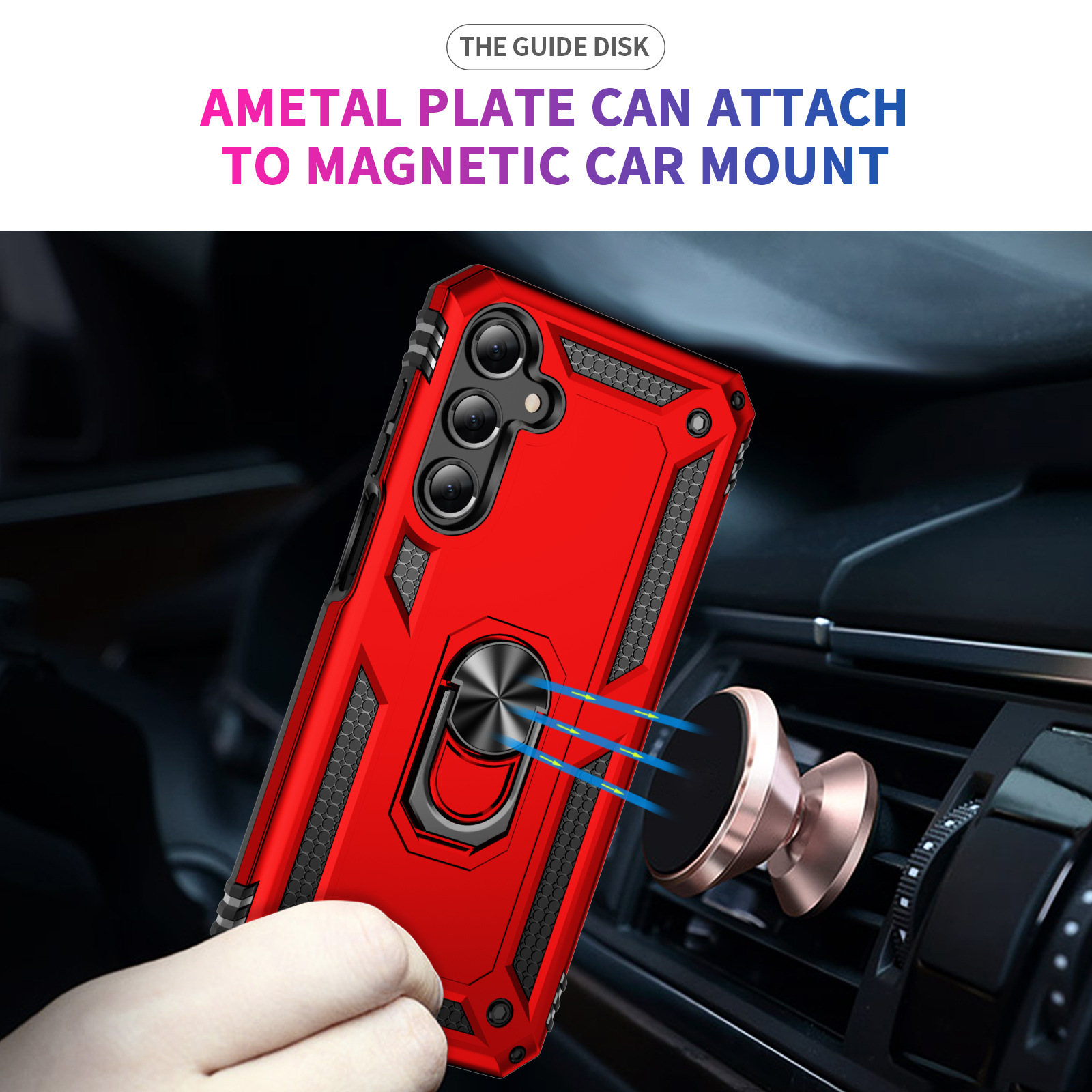 Eine Hand hält ein rotes Smartphone mit Ringhalter in Richtung einer Magnethalterung am Autoauslass.