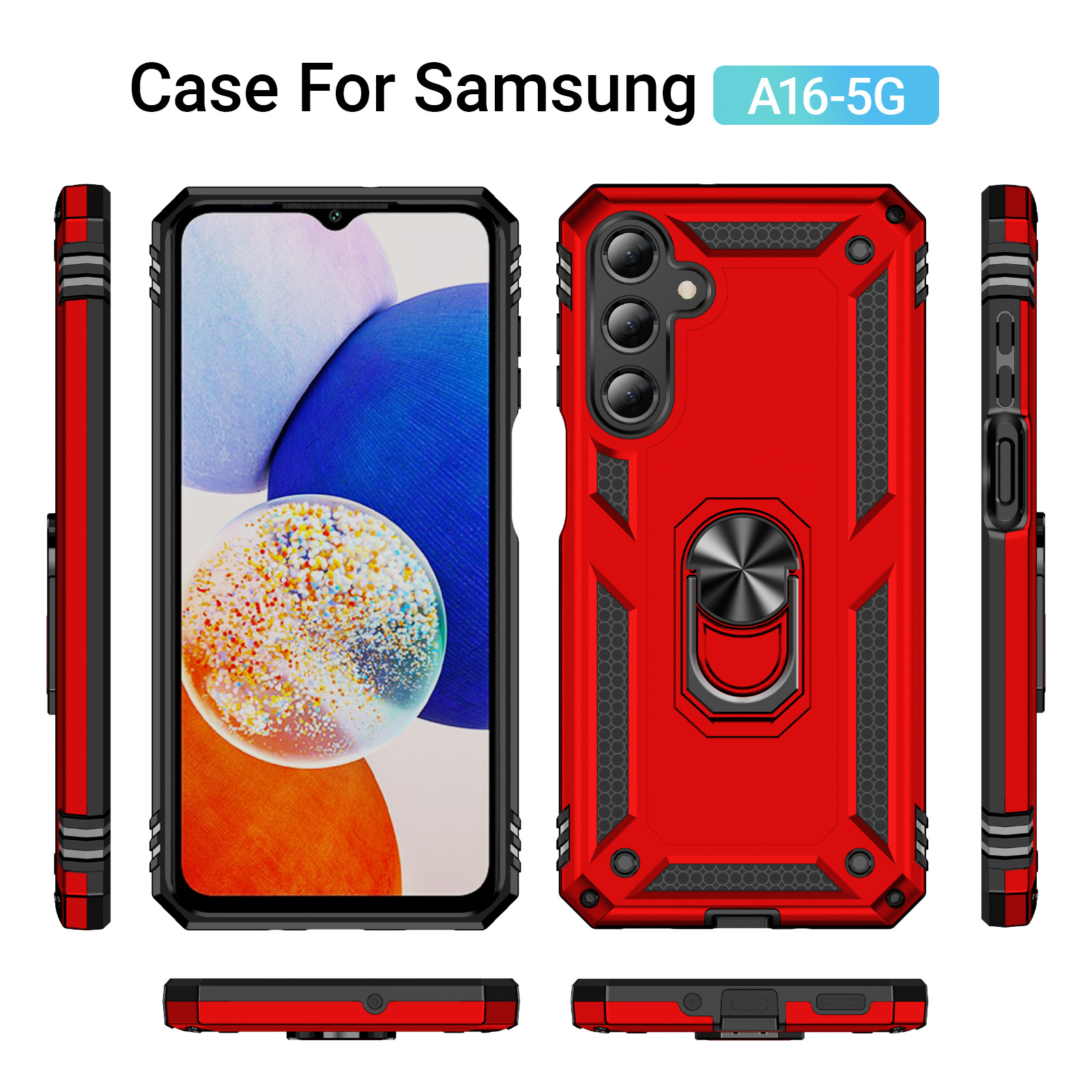 Rote Schutzhülle für Samsung A16-5G mit Ringhalter und verschiedenen Ansichten.