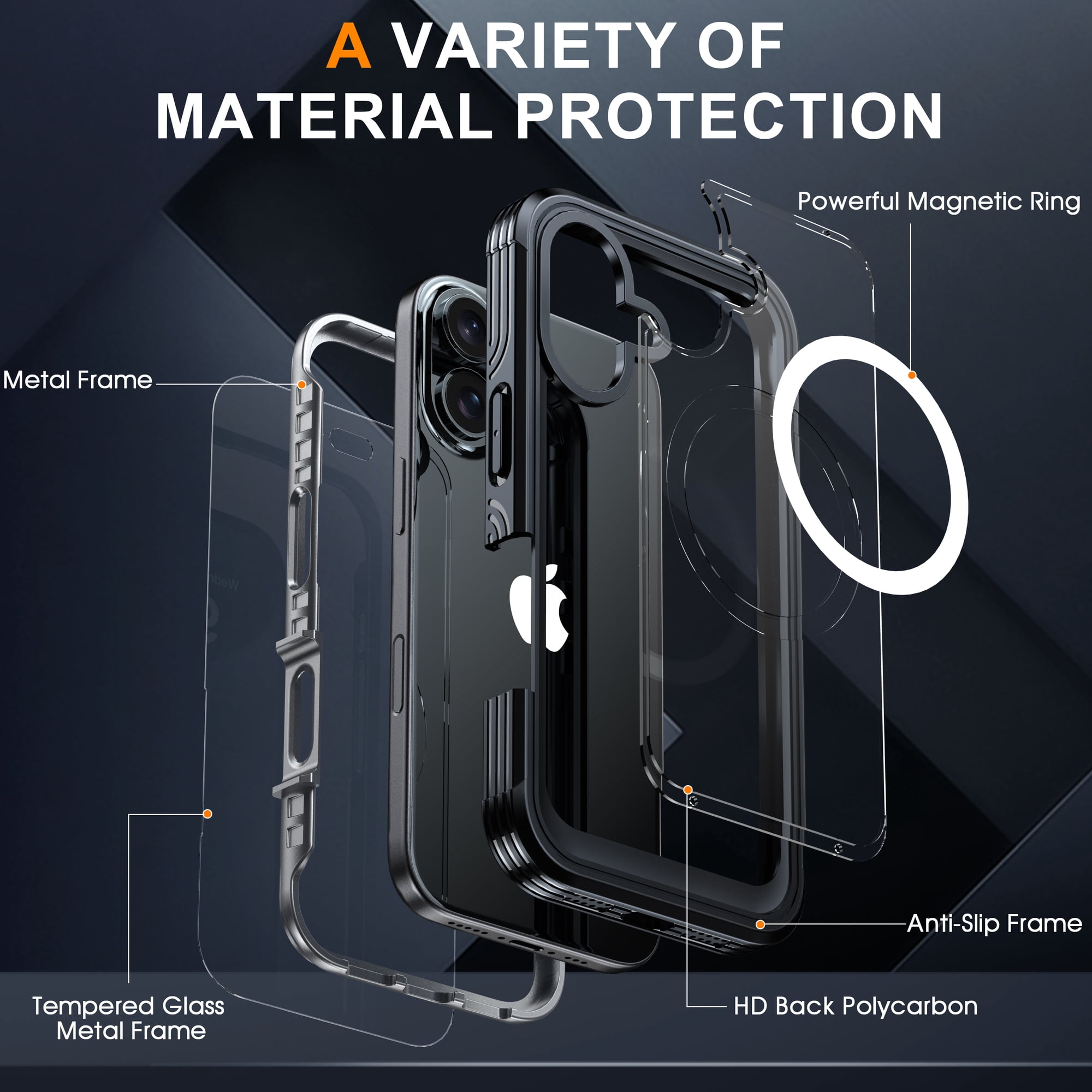 Explosionsansicht einer schwarzen Handytasche mit Metallrahmen, Polycarbonat-Rückseite und Magnetring.