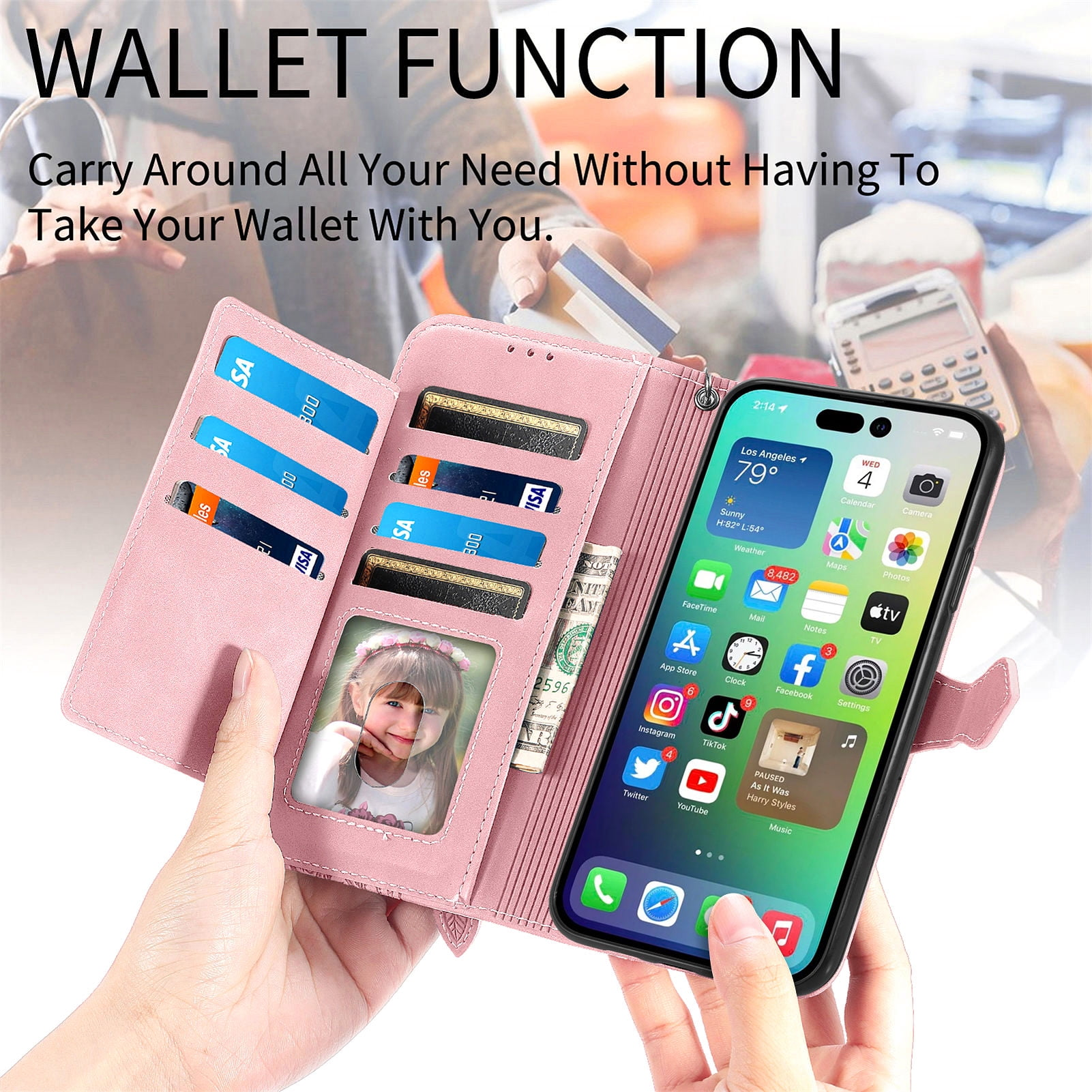 Rosa Smartphone-Geldbörsenhülle mit Kreditkarten, einem Foto eines Kindes und Geldscheinen.