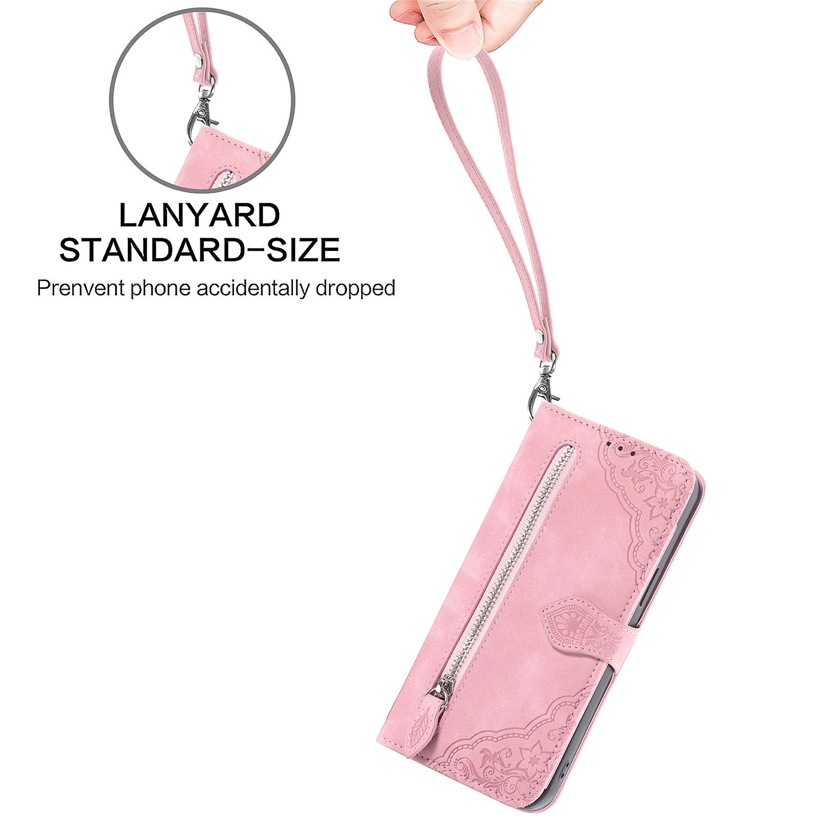 Hand hält eine pinke Handyhülle mit Reißverschlusstasche und Handschlaufe.