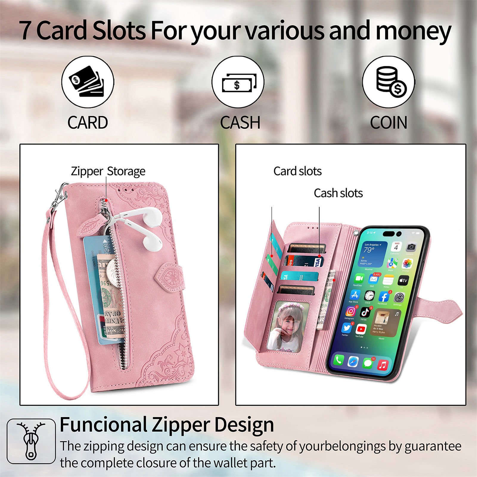 Rosa Wallet-Handyhülle mit Reißverschlusstasche, Kartenfächern und integriertem Smartphone-Ständer.