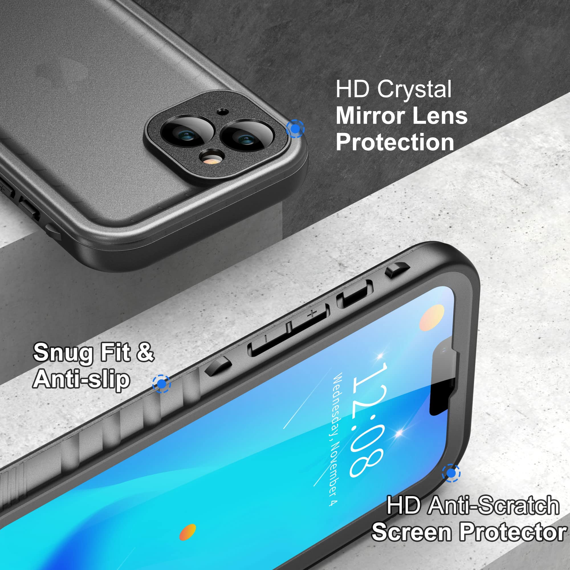 Ein Smartphone in schwarzer Schutzhülle mit Linsenschutz, rutschfester Grifffläche und Displayschutz.