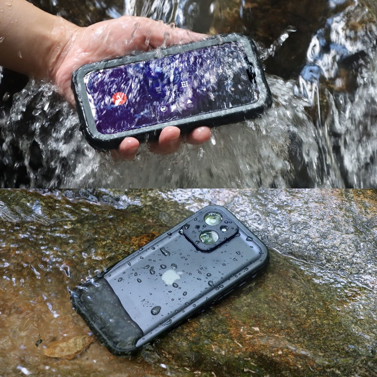 Wasserdichtes Smartphone mit Hülle in fließendem Wasser, einmal in der Hand und einmal auf nassen Steinen.