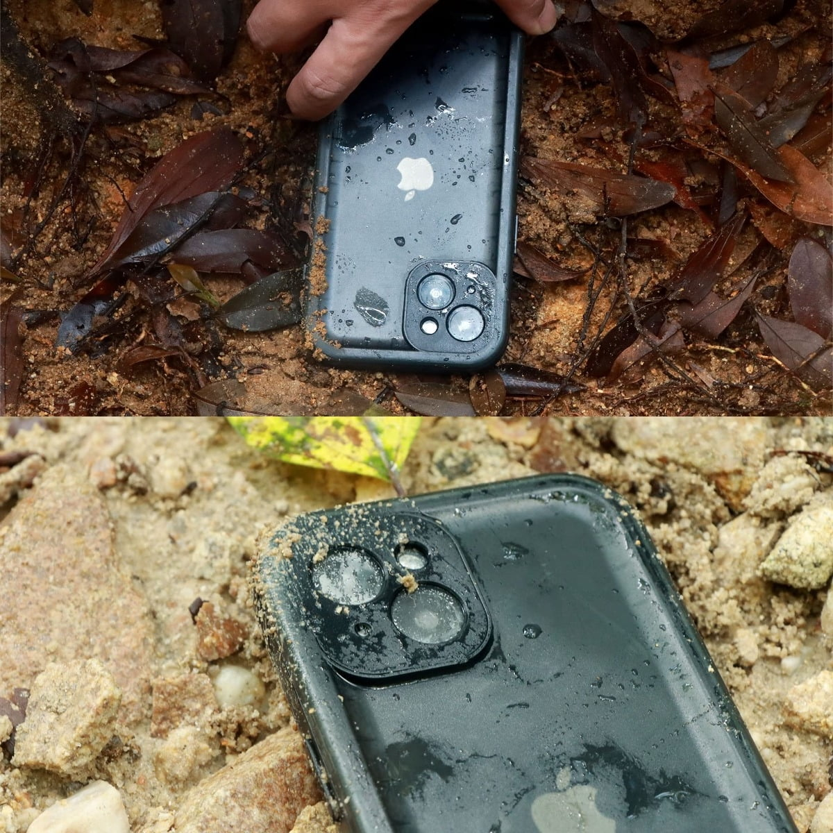 Ein nasses, schmutziges iPhone in einer Hülle liegt auf dem Waldboden und im Sand.