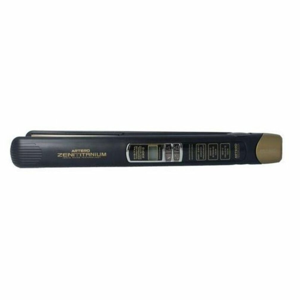 Una piastra per capelli nera Artero Zenit Titanium con display digitale su sfondo bianco.