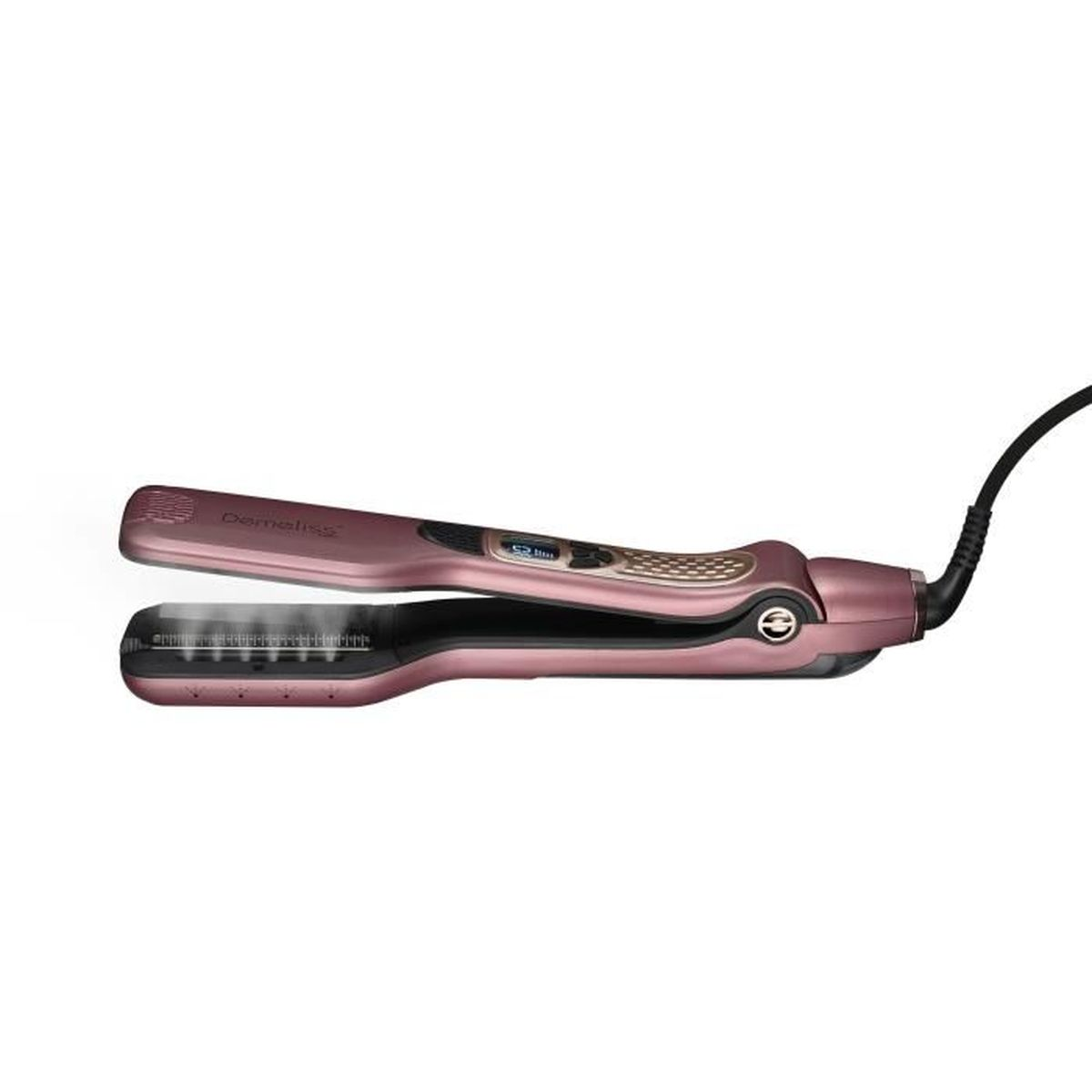 Una piastra per capelli a vapore oro rosa con display digitale, cavo nero e vapore che fuoriesce dalle piastre.