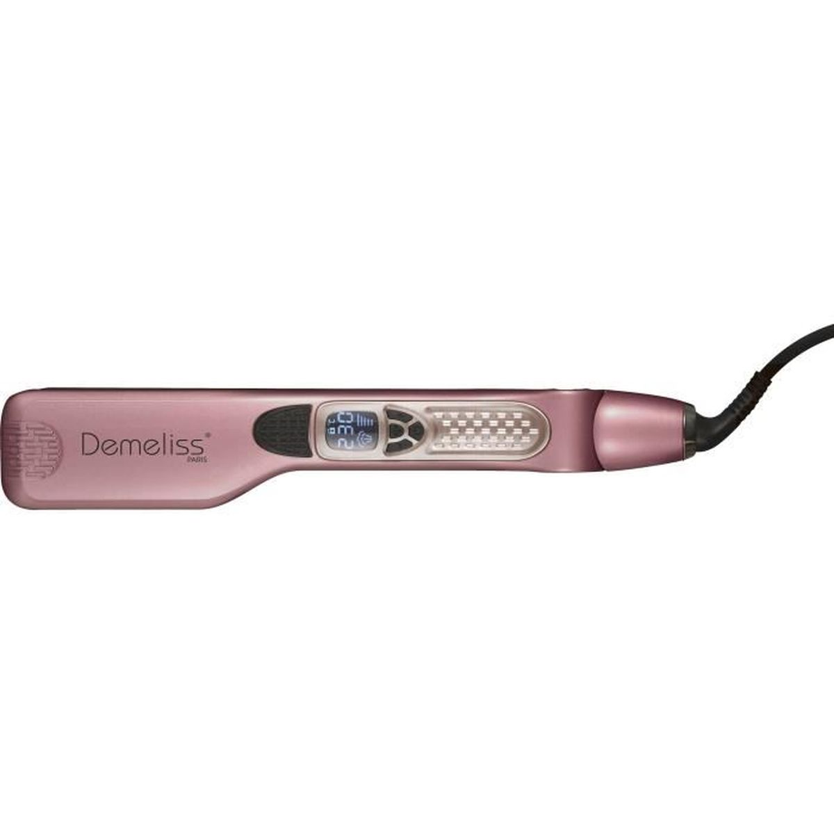 Una piastra per capelli Demeliss rosa con display digitale e cavo nero su sfondo bianco.