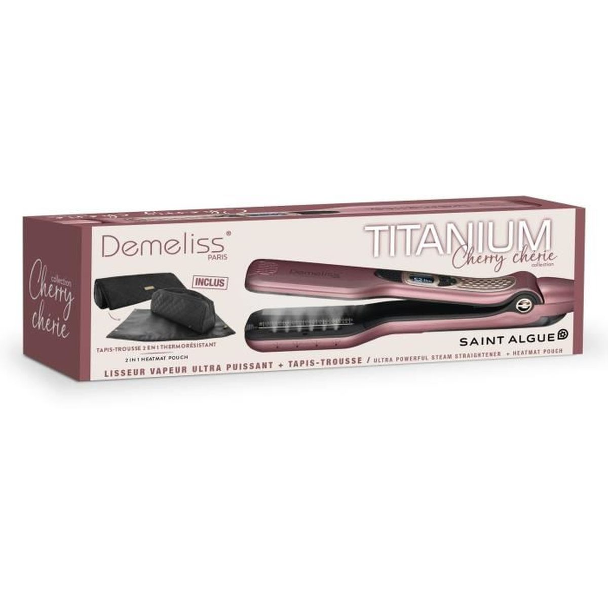 Scatola rosa per piastra per capelli Demeliss Titanium Cherry Chérie con vapore e custodia.