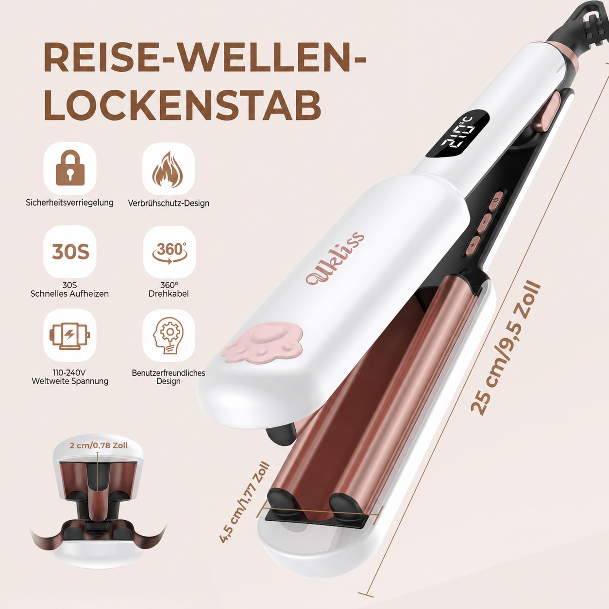 Weißer Reise-Wellenlockenstab mit roségoldenen Platten, Digitaldisplay und erklärenden Icons auf der linken Seite.