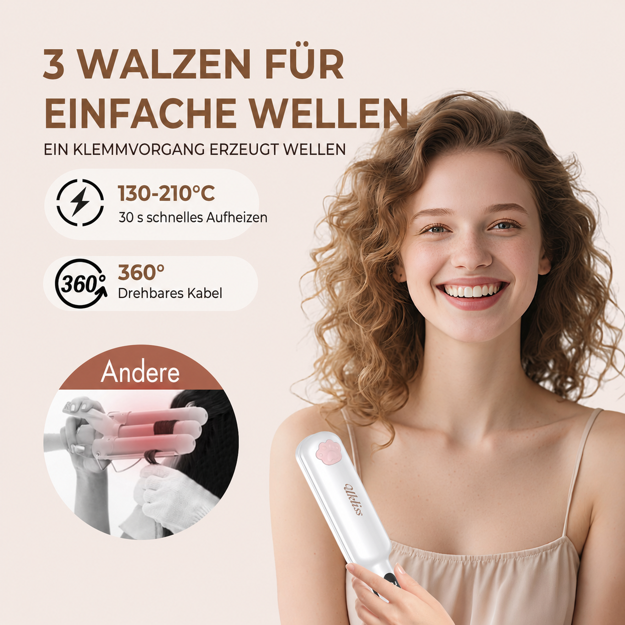 Lächelnte Frau hält einen weißen Lockenstab neben deutschem Text und Symbolen.
