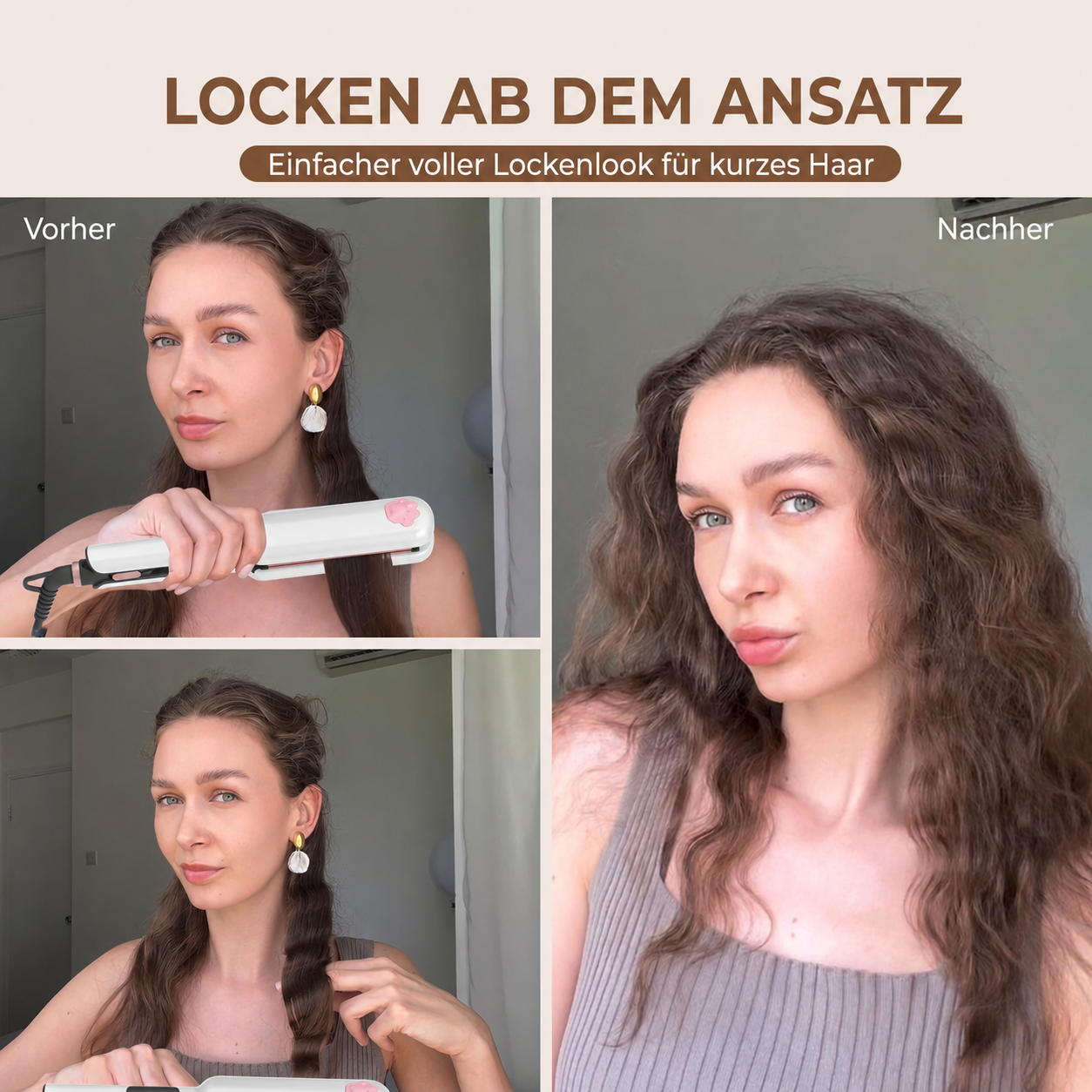 Vergleichsbilder zeigen Frau mit glattem und anschließend mit gelocktem Haar nach Anwendung eines Glätteisens.