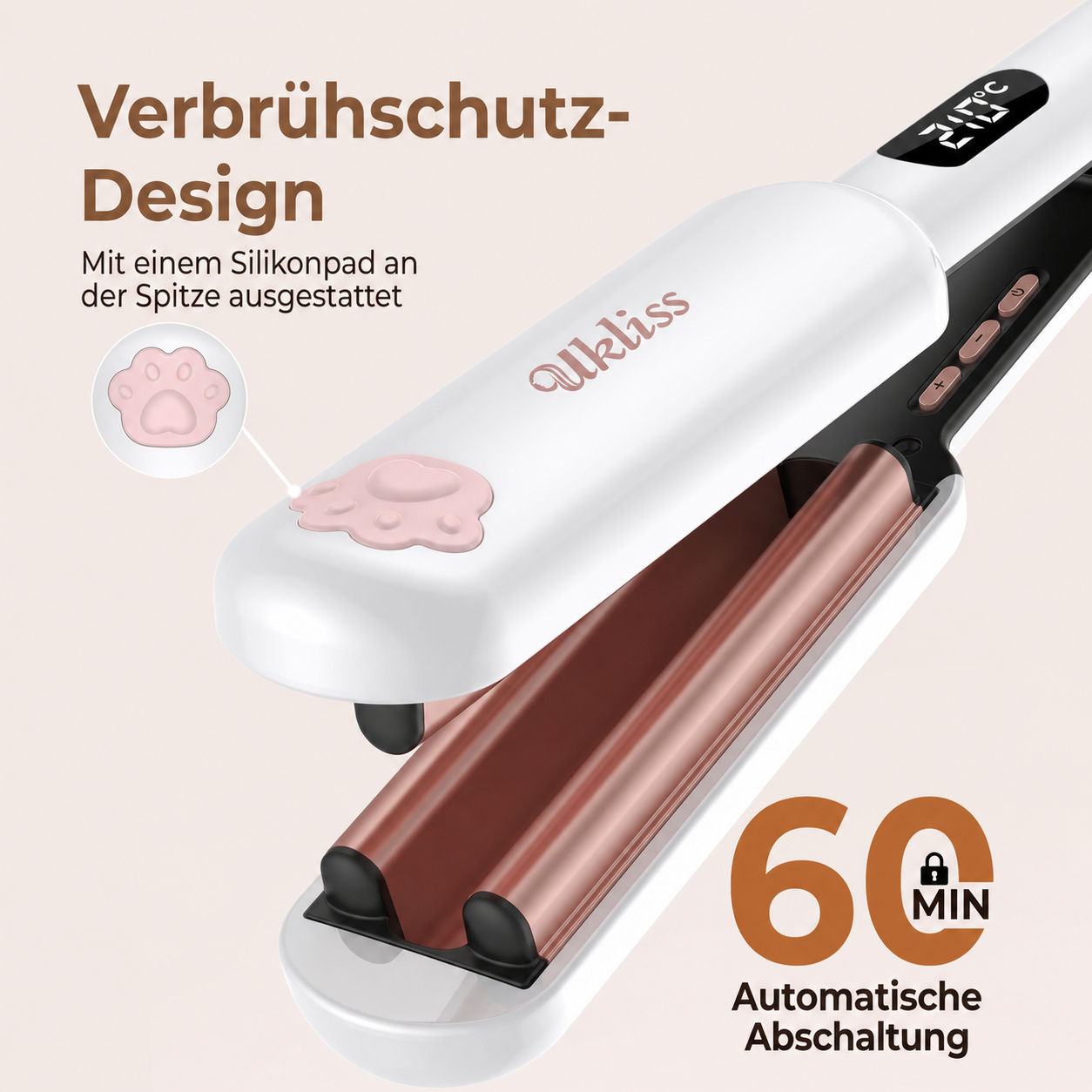 Weißer Lockenstab mit Roségold, Katzenpfoten-Detail, Digitaldisplay und Text auf Deutsch.