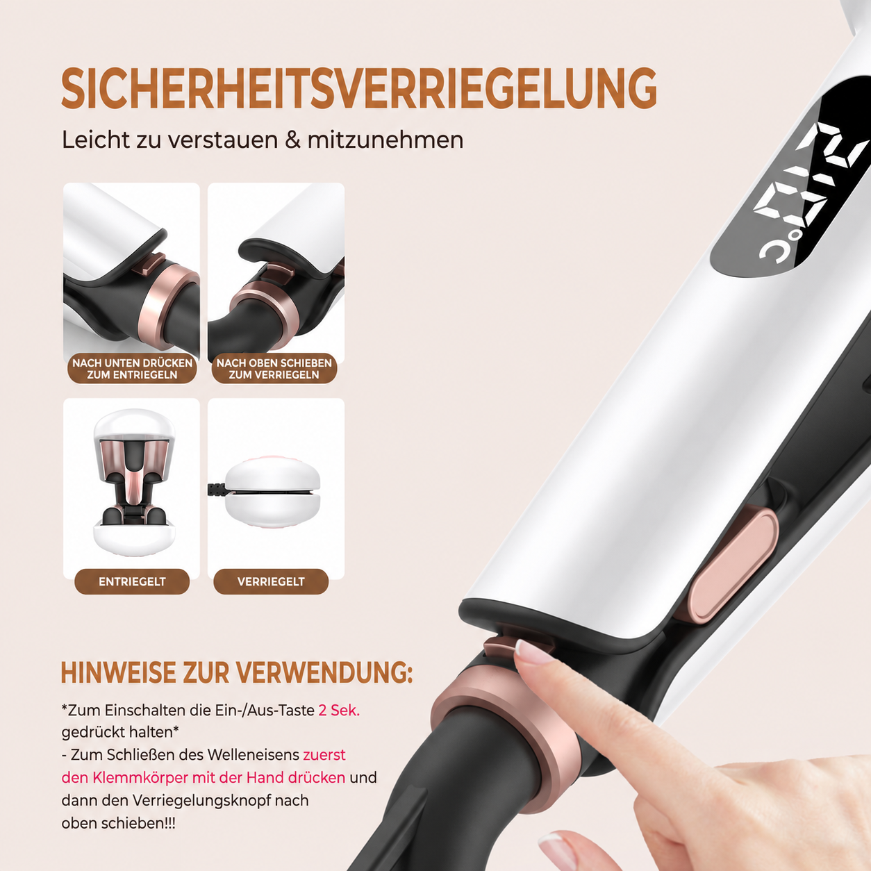Anleitung zur Sicherheitsverriegelung eines weißen Lockenstabes mit digitalen Display.