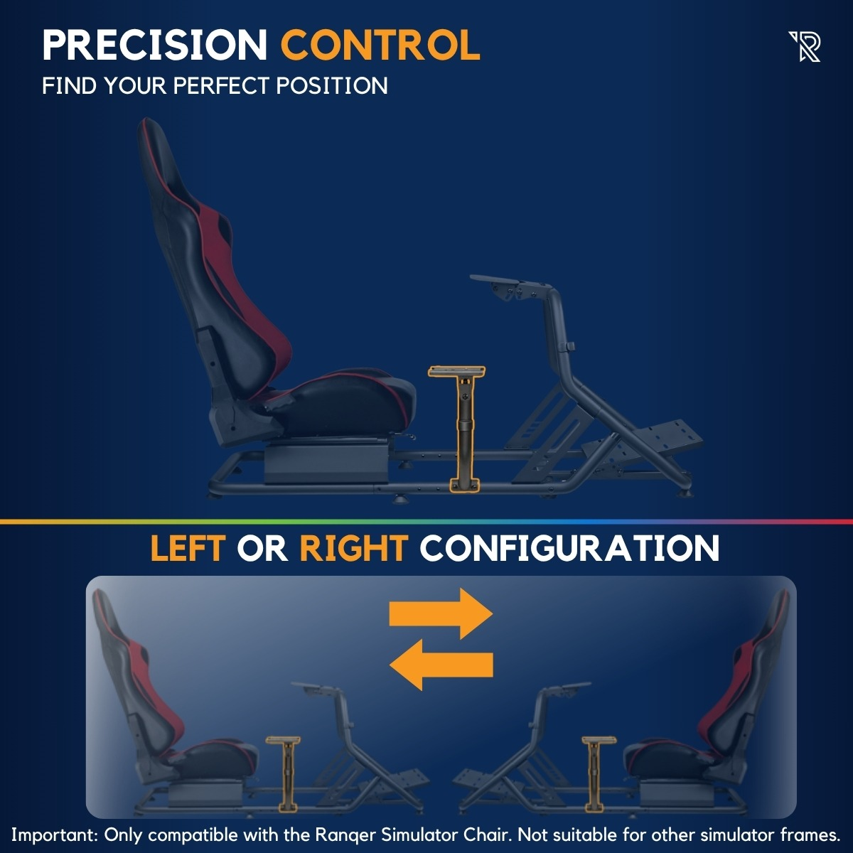 Simulator-Cockpit mit anpassbarer linker oder rechter Konfiguration für die Gangschaltung.