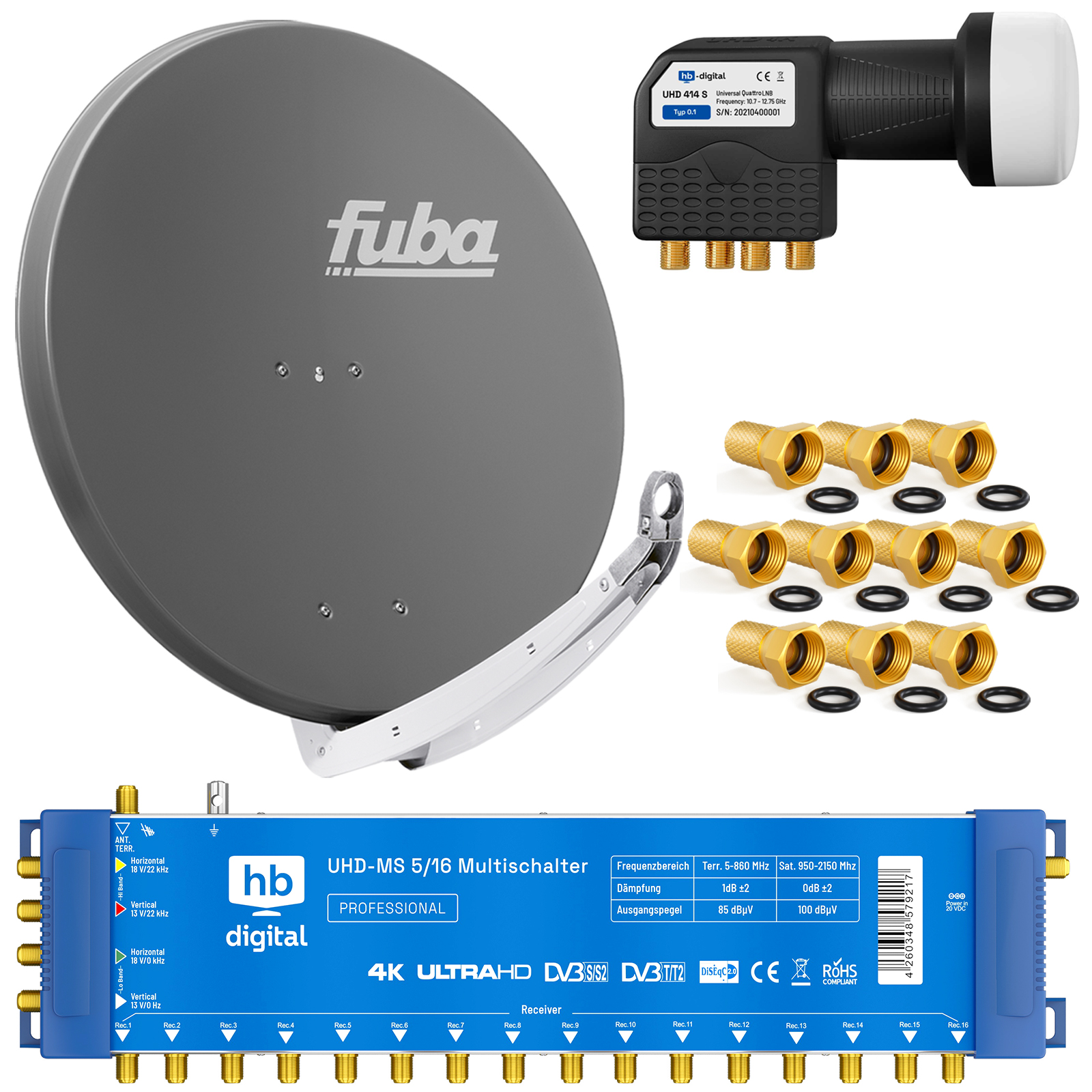 Graue Fuba-Satellitenschüssel mit LNB, Multischalter und vergoldeten Steckern auf weißem Hintergrund.
