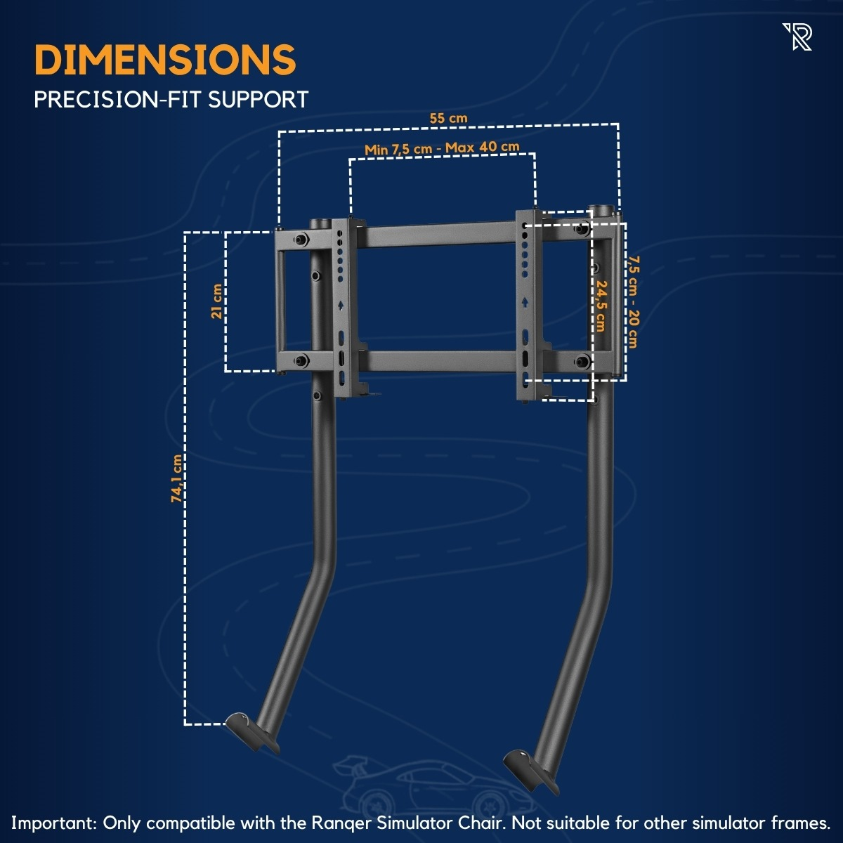 Diagramm zeigt die Abmessungen der schwarzen Simulator-Halterung.