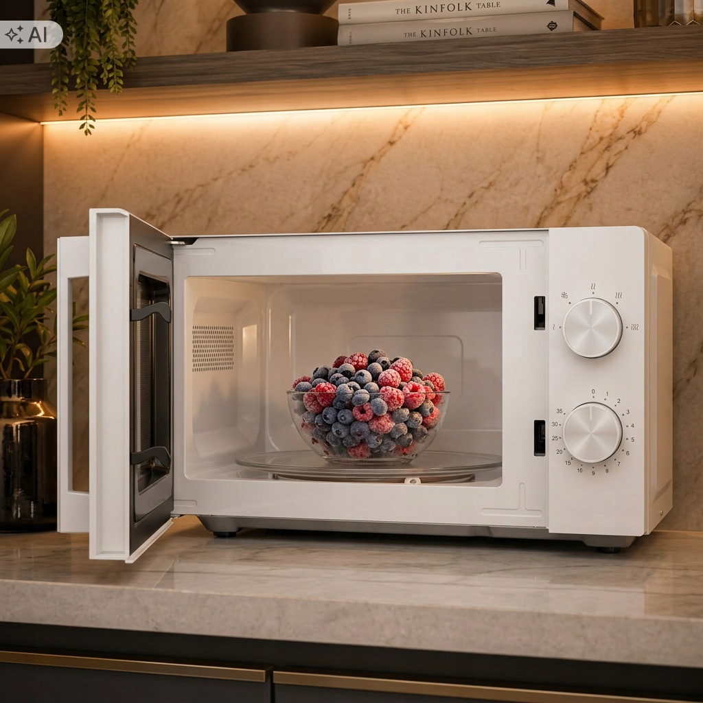 Biała kuchenka mikrofalowa na blacie z miską mieszanych jagód wewnątrz otwartego wnętrza.