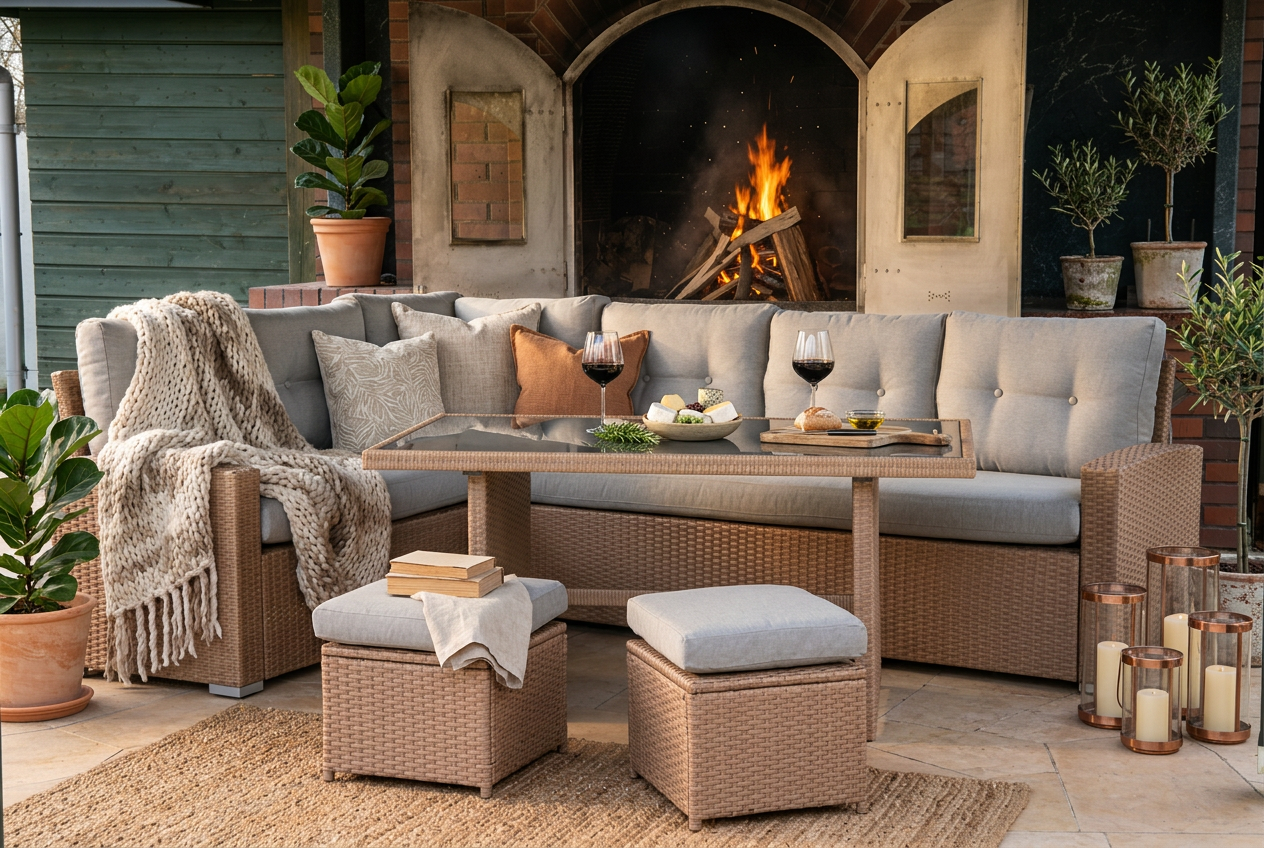 Wygodna sofa z rattanu przed kominkiem, z nakrytym stolem, winem i latarenkami.