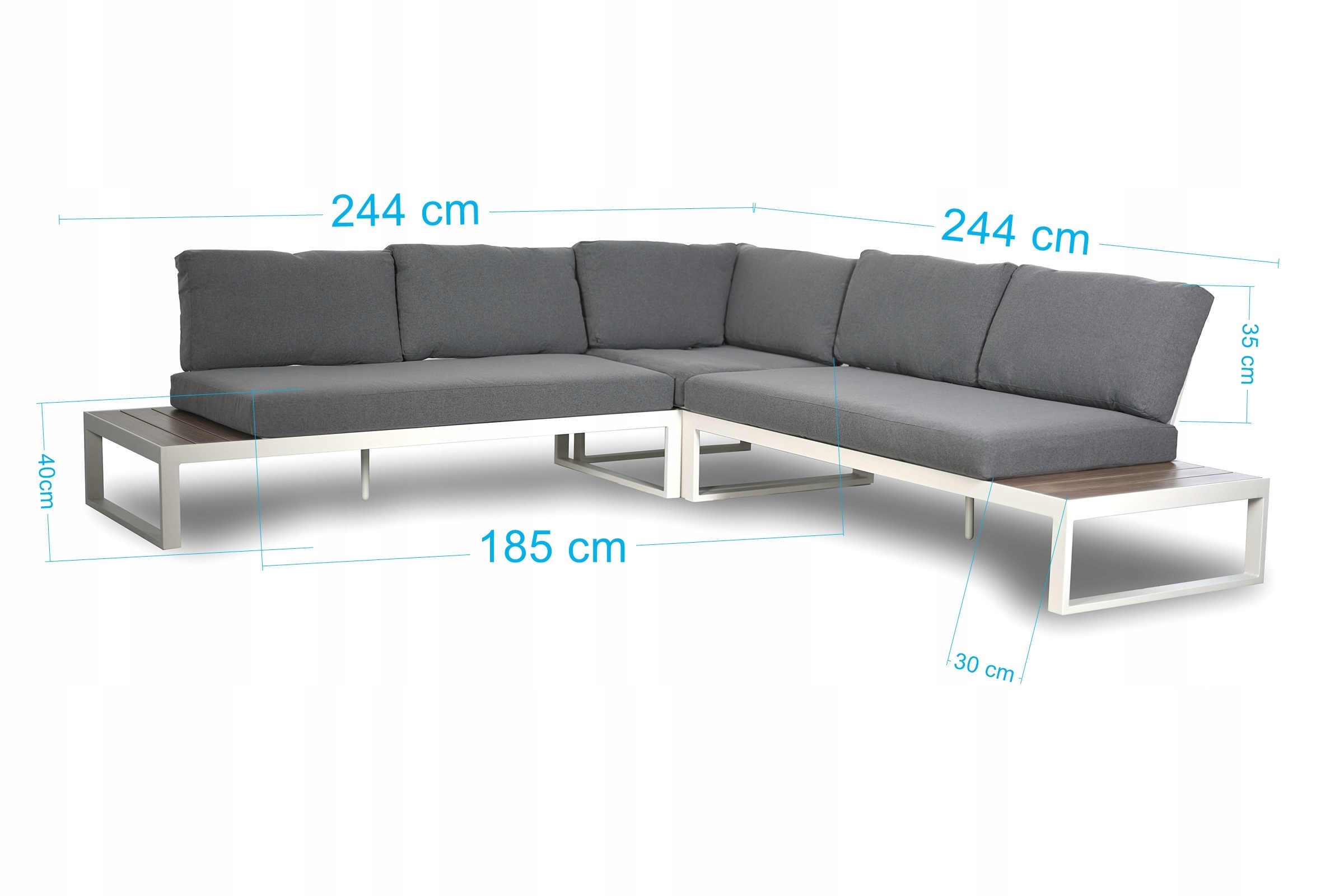 Szara sofa narożna z białymi metalowymi ramami i drewnianymi stolikami, z niebieskimi wymiarami.
