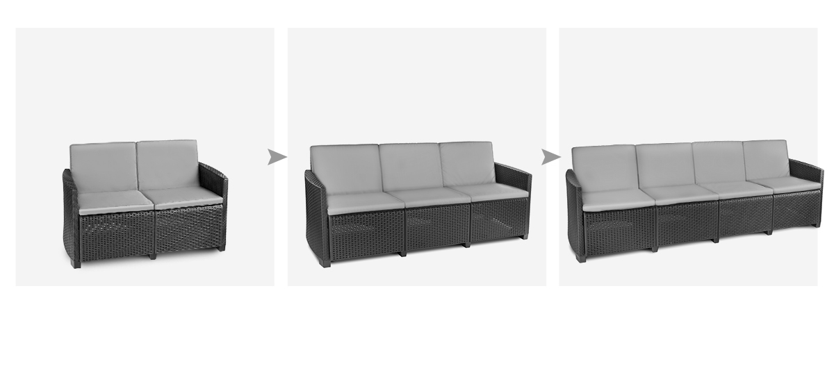 Modułowa czarna sofa rattanowa z szarymi poduszkami, rozszerzająca się z dwuosobowej na czteroosobową w trzech krokach.
