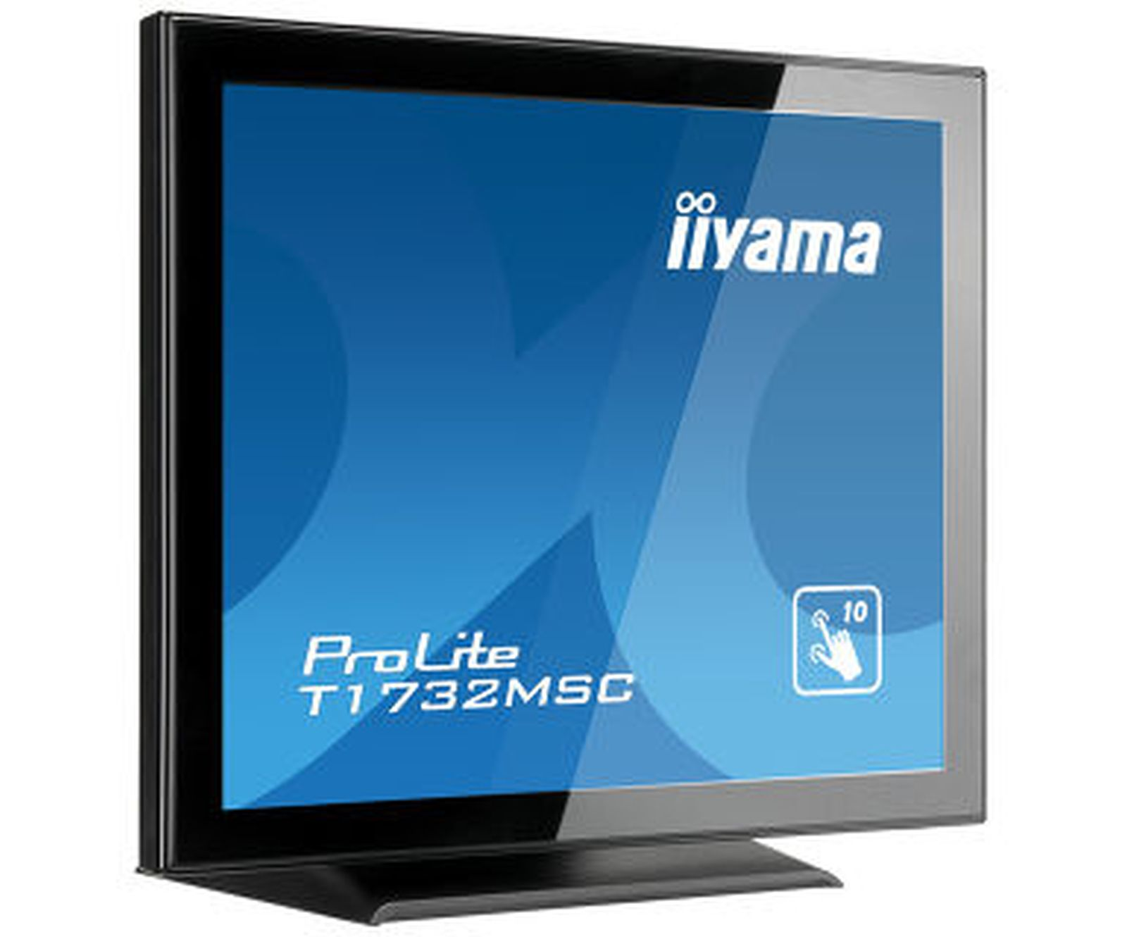 Czarny monitor dotykowy Iiyama ProLite T1732MSC na białym tle.