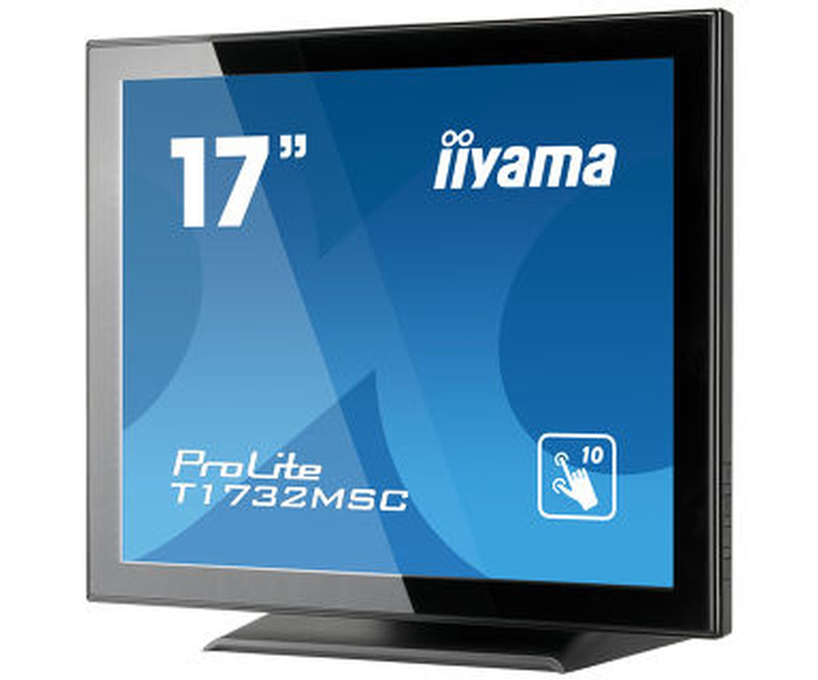 Czarny monitor dotykowy iiyama ProLite T1732MSC o przekątnej 17 cali na podstawie.