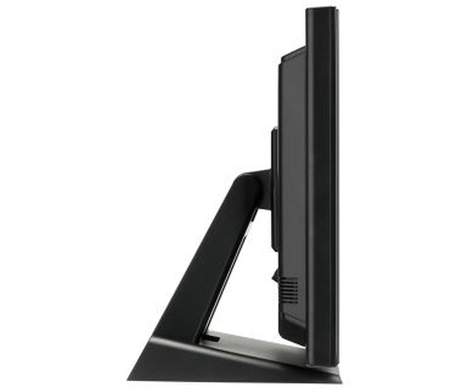 Widok z boku czarnego monitora na trójkątnej podstawce.