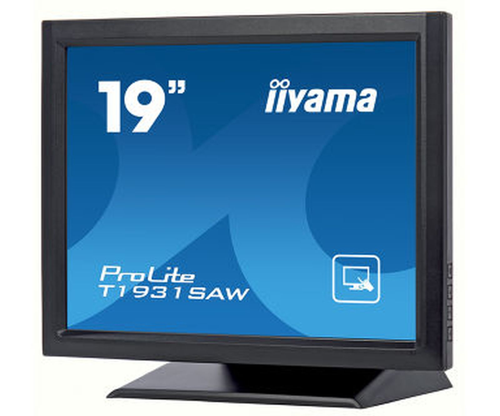 Un monitor touch screen nero iiyama ProLite T1931SAW da 19 pollici su supporto.