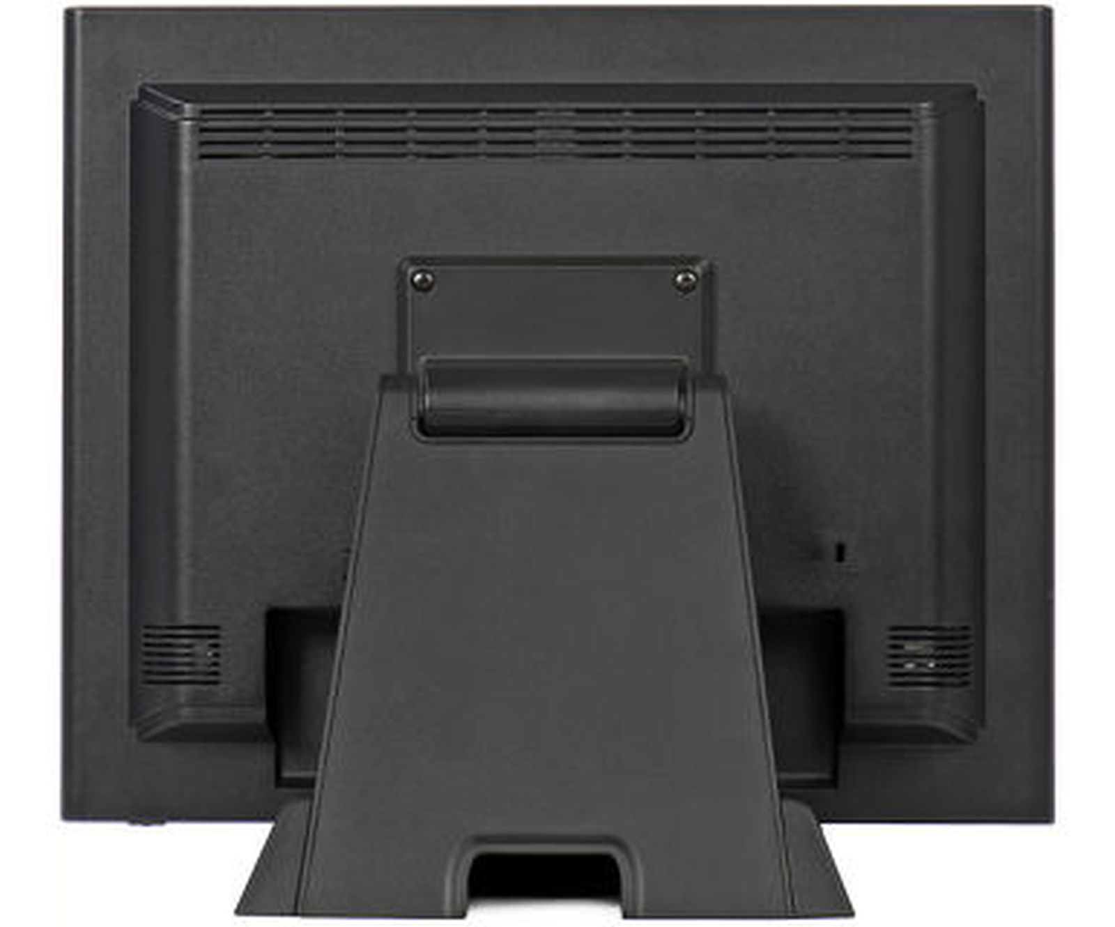 Vista posteriore di un monitor nero con un supporto robusto.