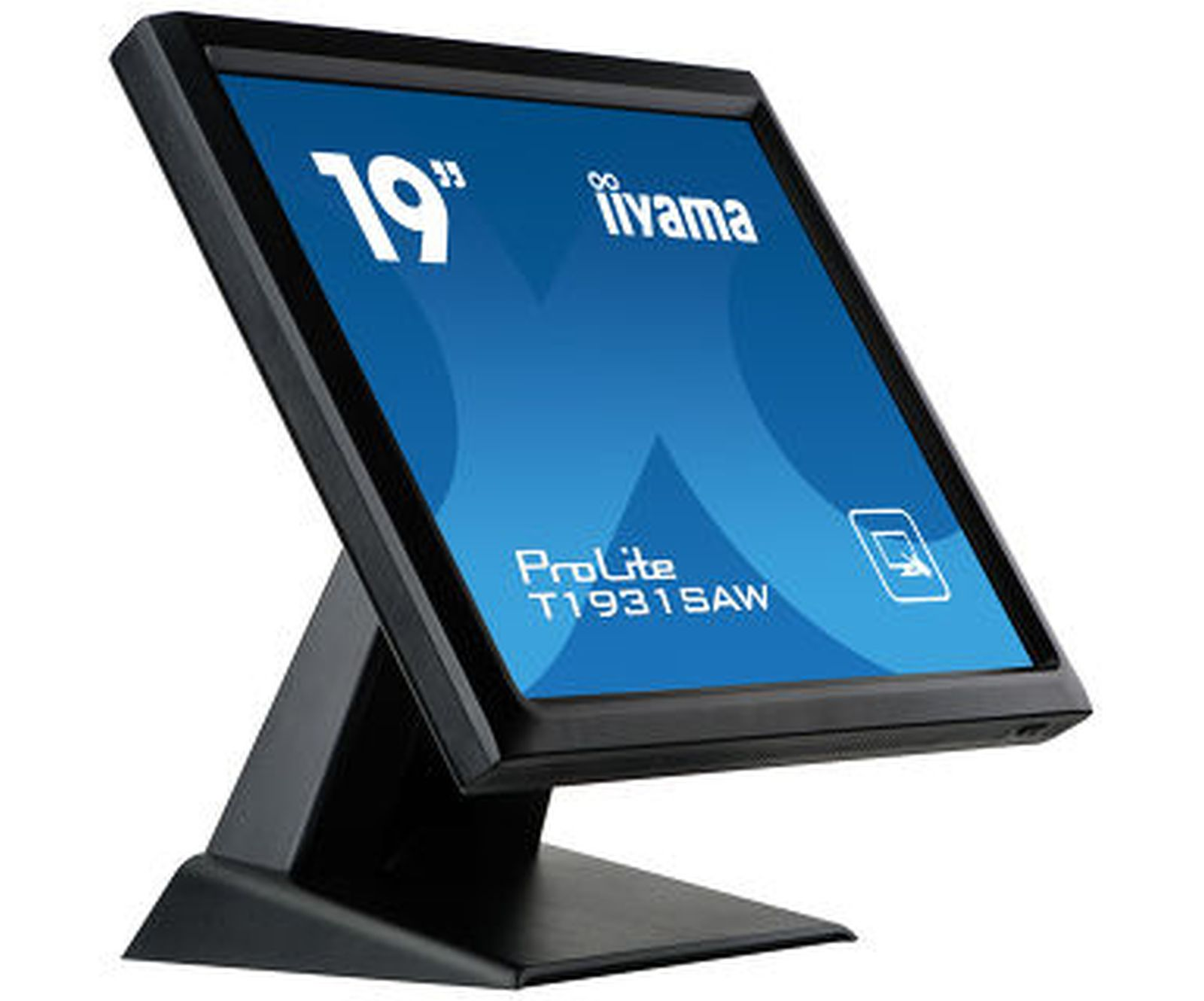 Un monitor touch screen nero iiyama ProLite posizionato su una base su sfondo bianco.