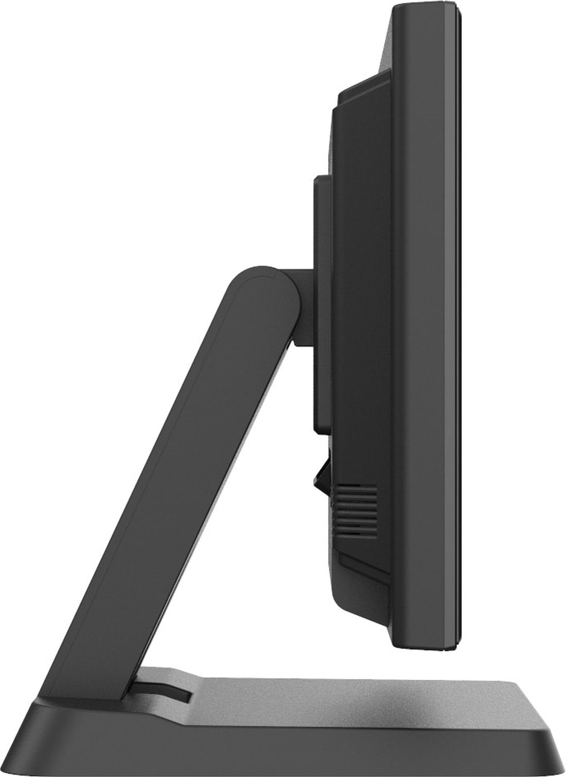Seitenansicht eines schwarzen Monitors auf einem Standfuß auf weißem Hintergrund.