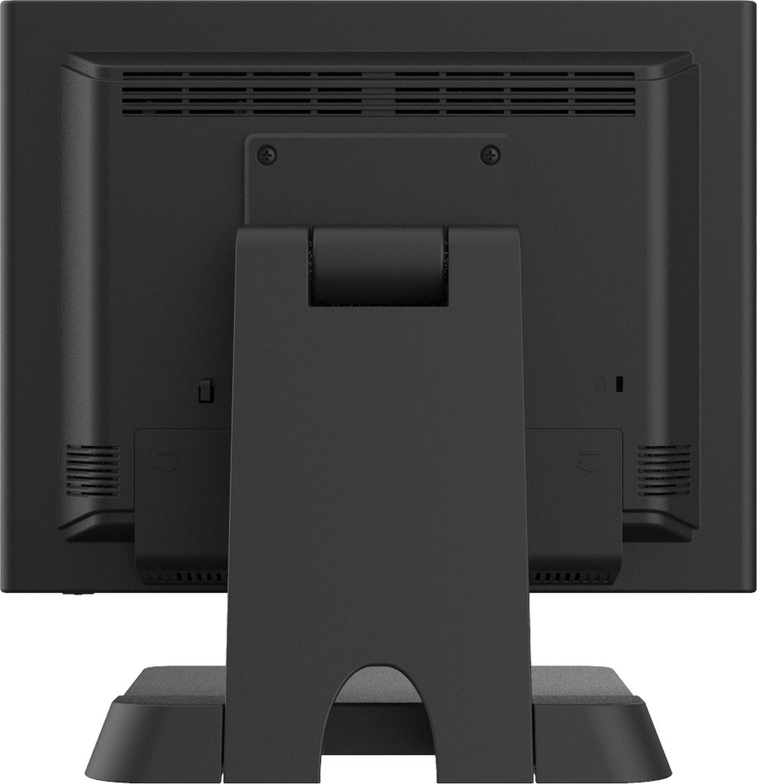 Rückansicht eines schwarzen Monitors mit verstellbarem Standfuß und Lüftungsschlitzen vor schlichtem Hintergrund.