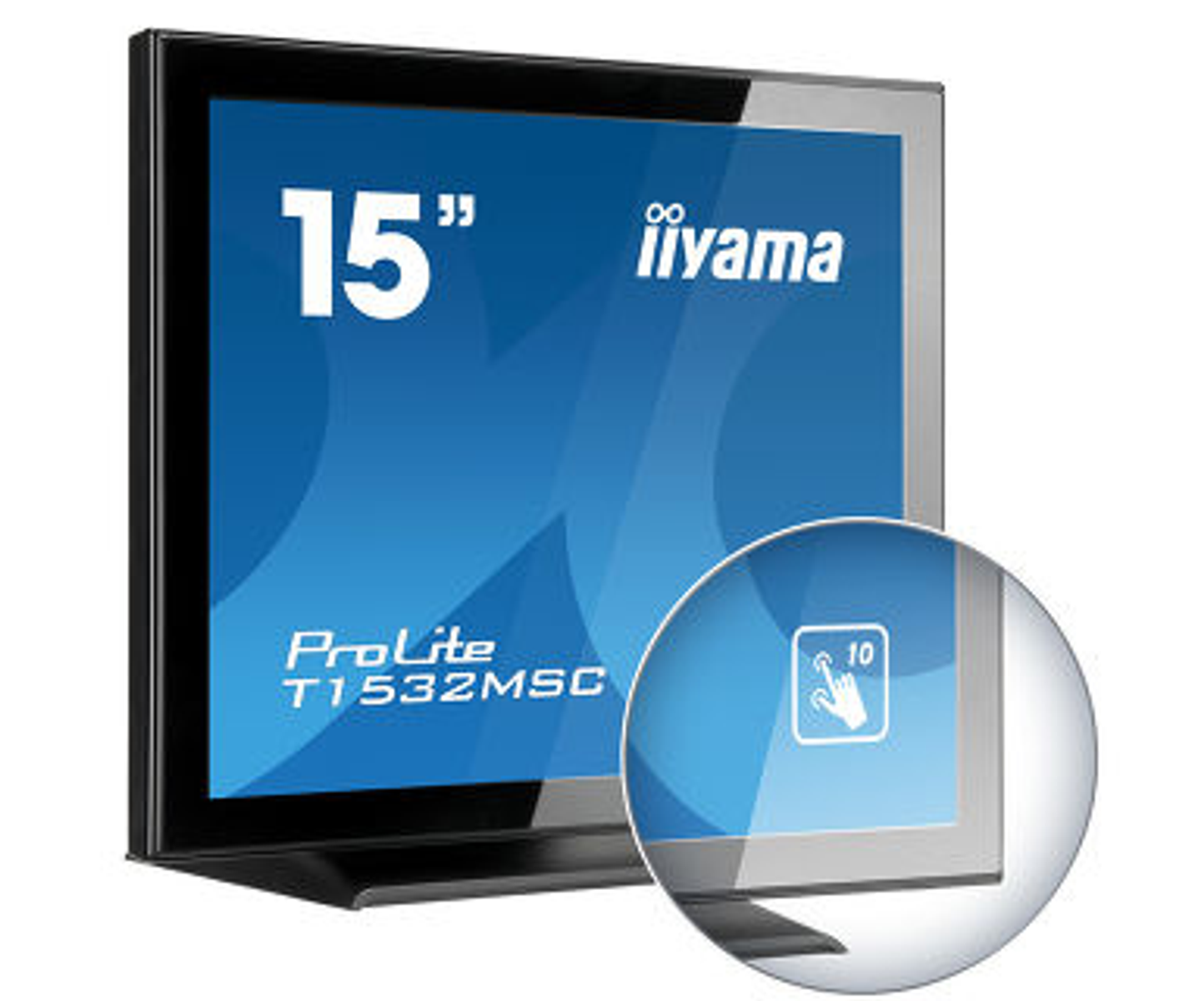 Ein schwarzer iiyama 15 Zoll Touchscreen-Monitor mit einer kreisrunden Nahaufnahme, die zehn Berührungspunkte zeigt.