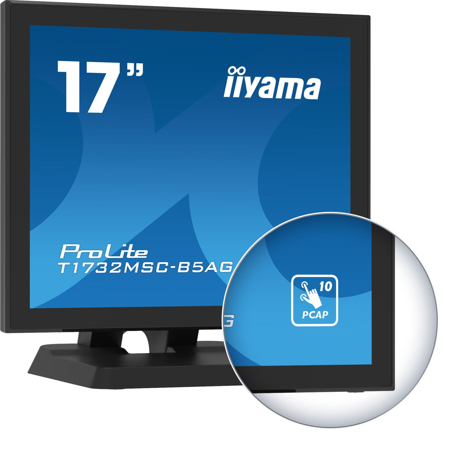 17-calowy monitor dotykowy iiyama ProLite z lupą pokazującą 10-punktowy dotyk PCAP.