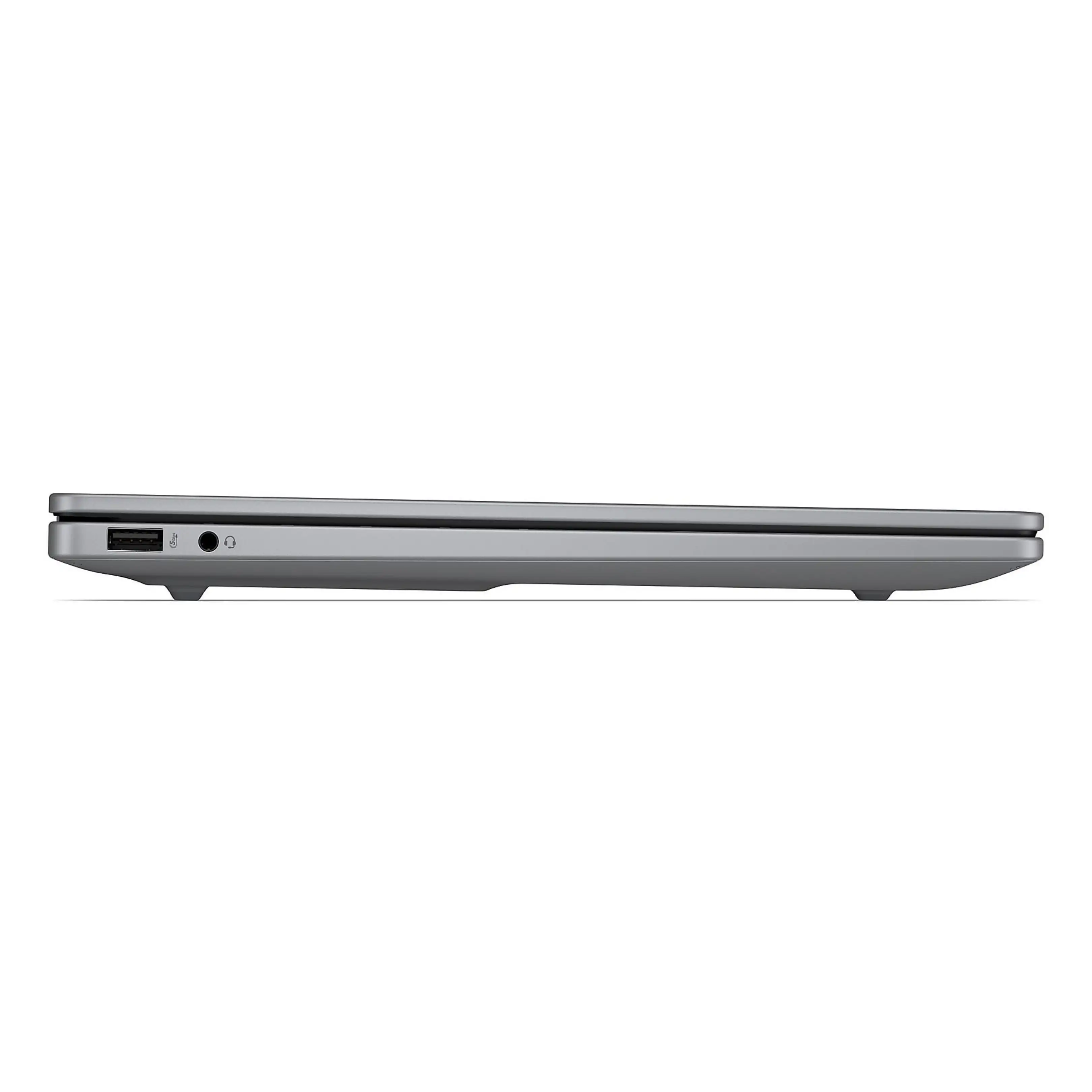 Vista laterale di un laptop grigio chiuso con una porta USB e un jack per cuffie visibili.