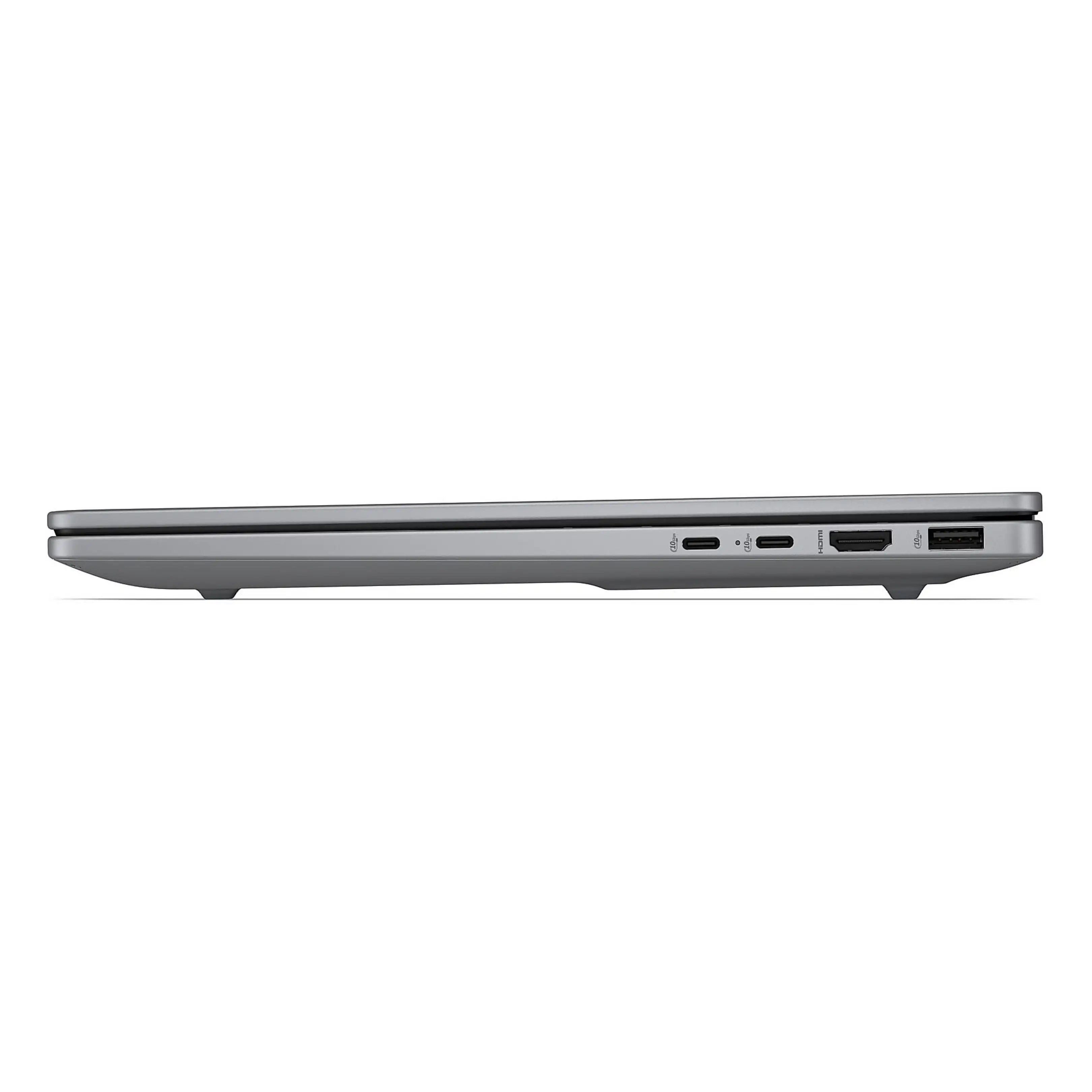 Vista laterale di un laptop argento con porte USB-C, HDMI e USB-A su sfondo nero.