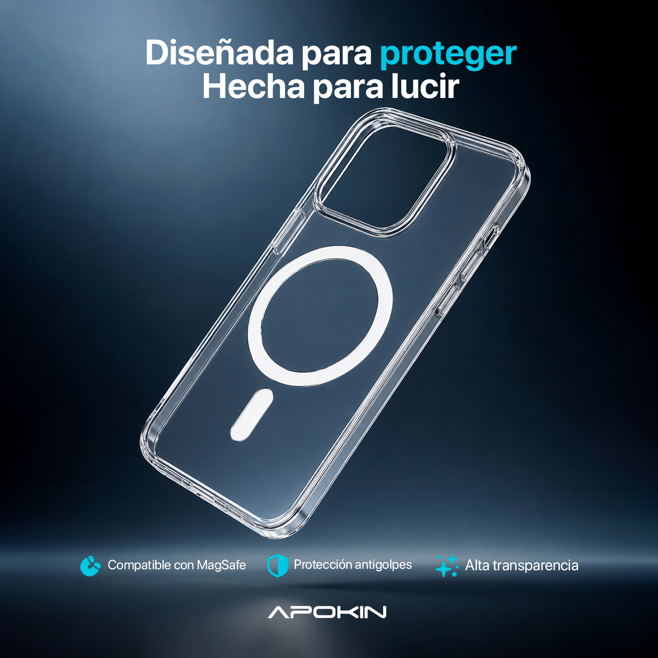 Funda de móvil transparente MagSafe sobre fondo oscuro con texto en español.