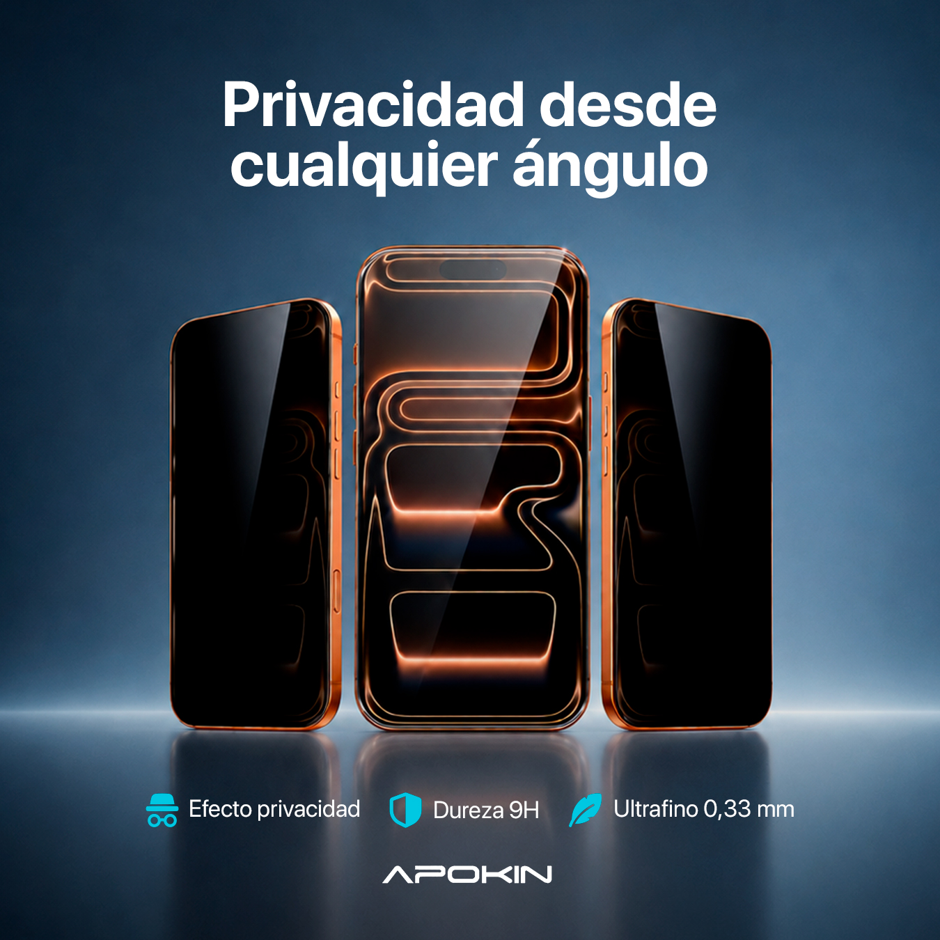 Tres smartphones con protectores de pantalla de privacidad sobre fondo azul oscuro con texto e iconos.