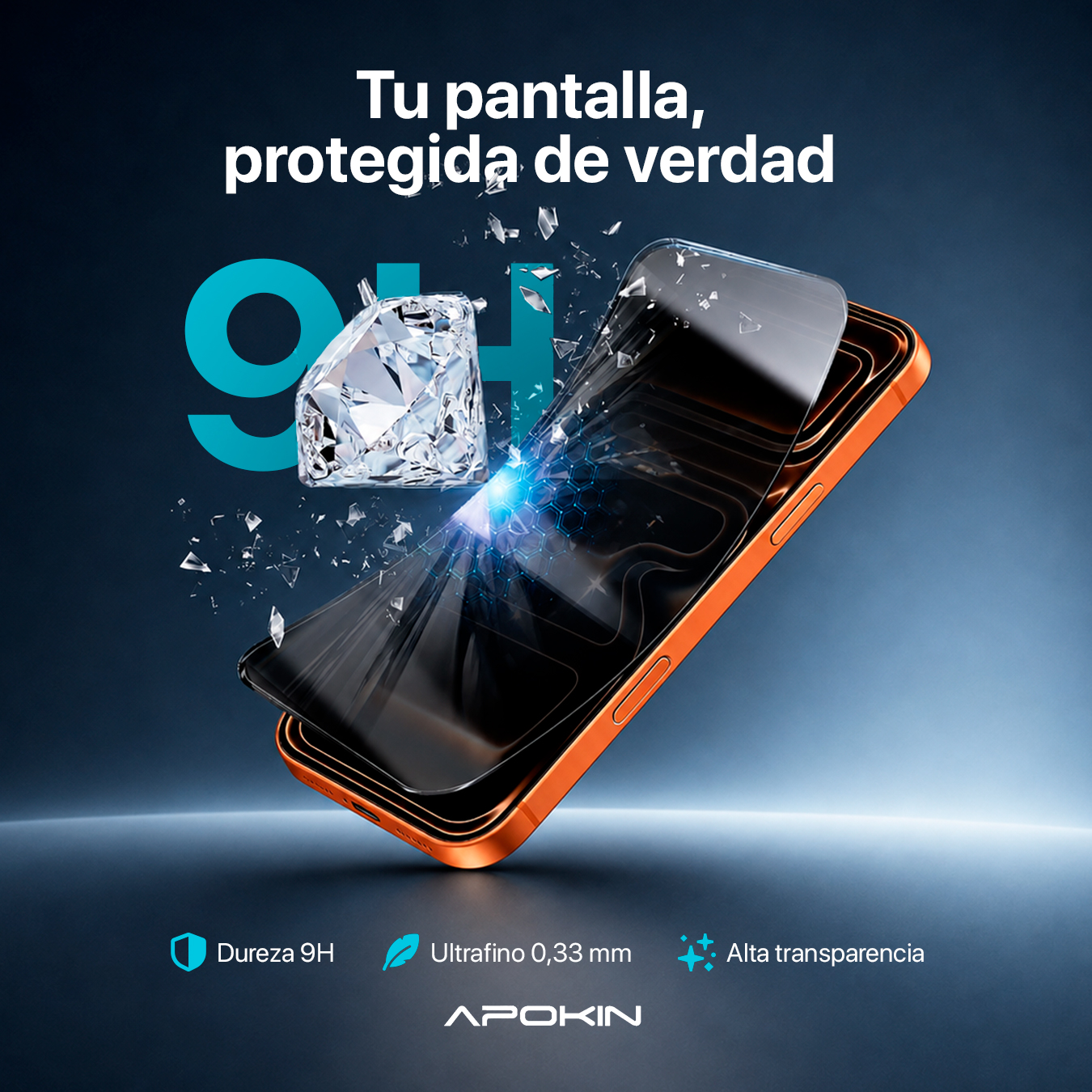 Un smartphone naranja con protector 9H, un diamante y cristales rotos sobre fondo azul oscuro.
