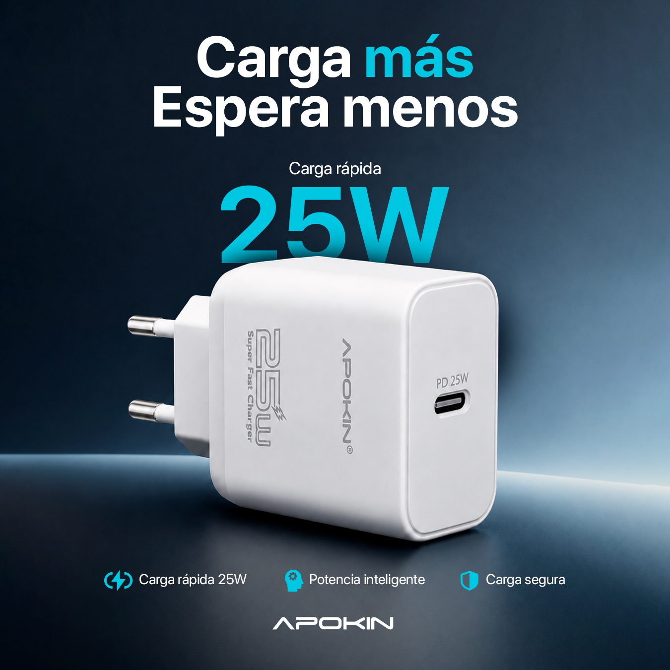 Cargador rápido blanco Apokin 25W con puerto USB-C sobre un fondo azul.