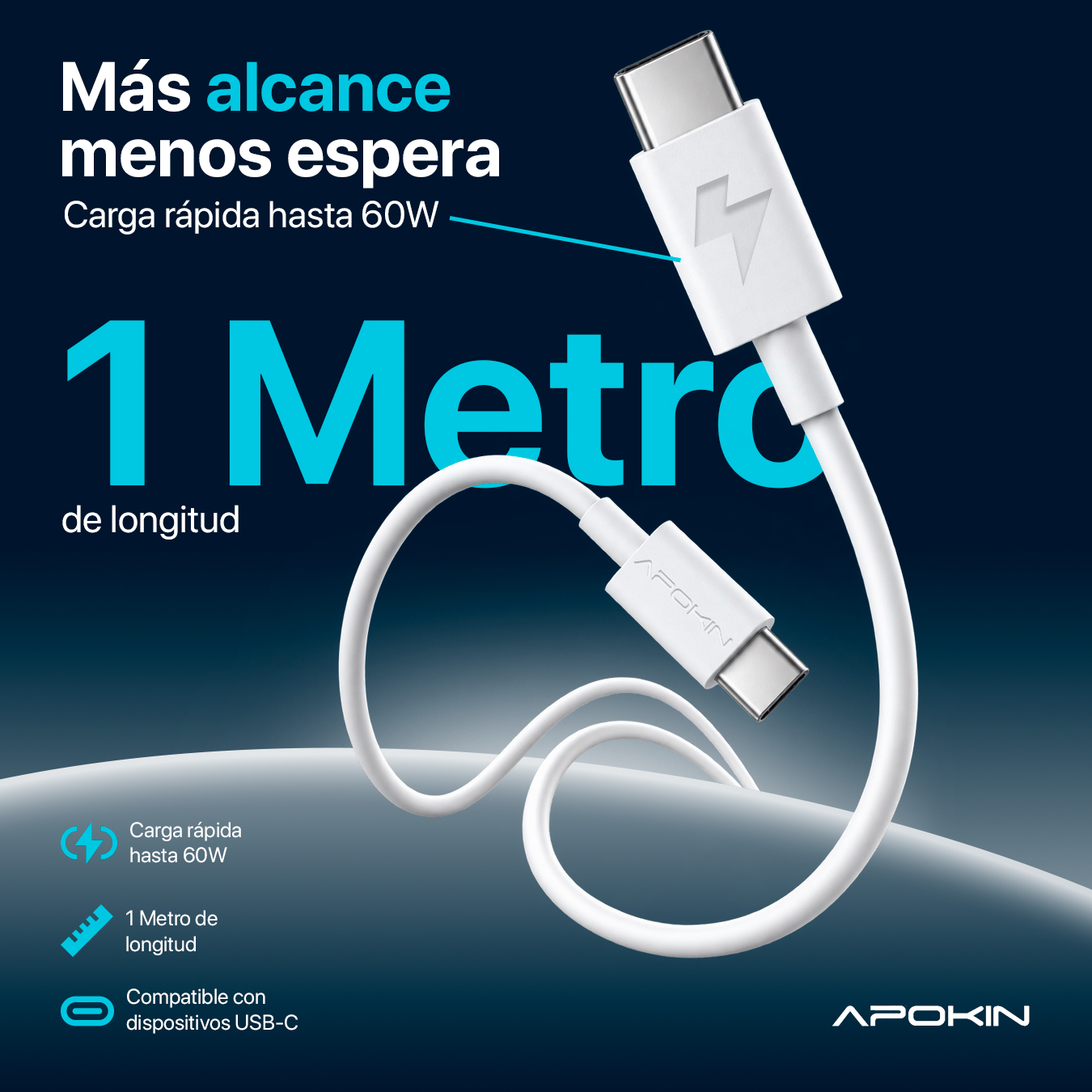 Cable USB-C blanco de 1 metro con carga rápida de 60W sobre fondo azul oscuro.